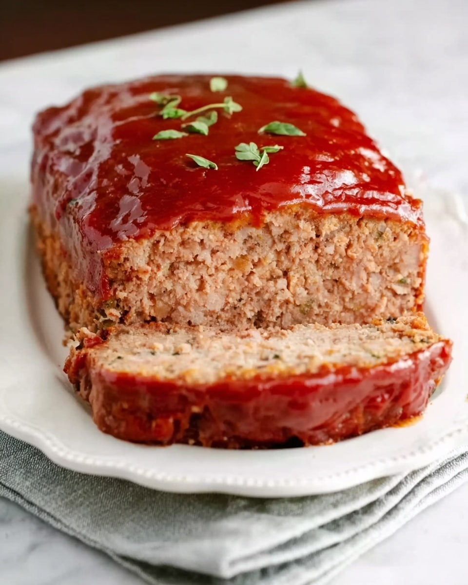 A loaf-shaped meatloaf sits on a white plate with a scalloped edge, placed on a folded light gray cloth over a white marbled surface. The meatloaf has a glossy reddish-brown sauce evenly covering the top and sides, with the sauce slightly dripping down. A slice is cut from the front side, revealing the dense, light brown interior with small bits of seasoning inside. Small green herb leaves decorate the top center for a touch of color. Photo taken with an iphone --ar 4:5 --v 7