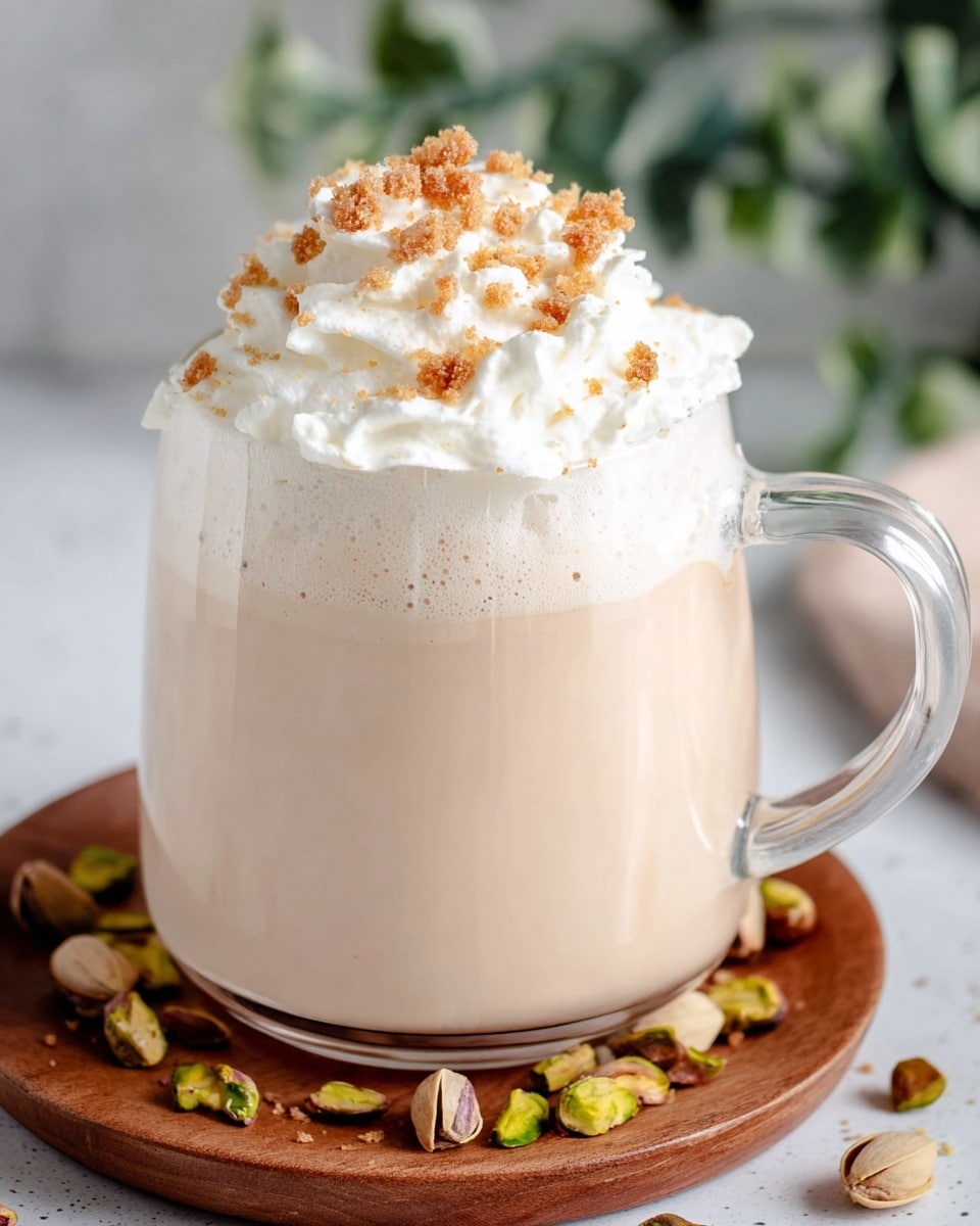 The image shows a clear glass cup filled with a light beige creamy drink as the first layer, topped with a thick layer of white whipped cream forming soft peaks. On top of the whipped cream, there are small brown crumbly pieces sprinkled evenly. The glass cup with a transparent handle sits on a round white plate with a wood texture. Around the plate's edge, there are scattered pistachio nuts in various shades of green and brown. The background features a soft out-of-focus white marbled texture with hints of green foliage. photo taken with an iphone --ar 4:5 --v 7