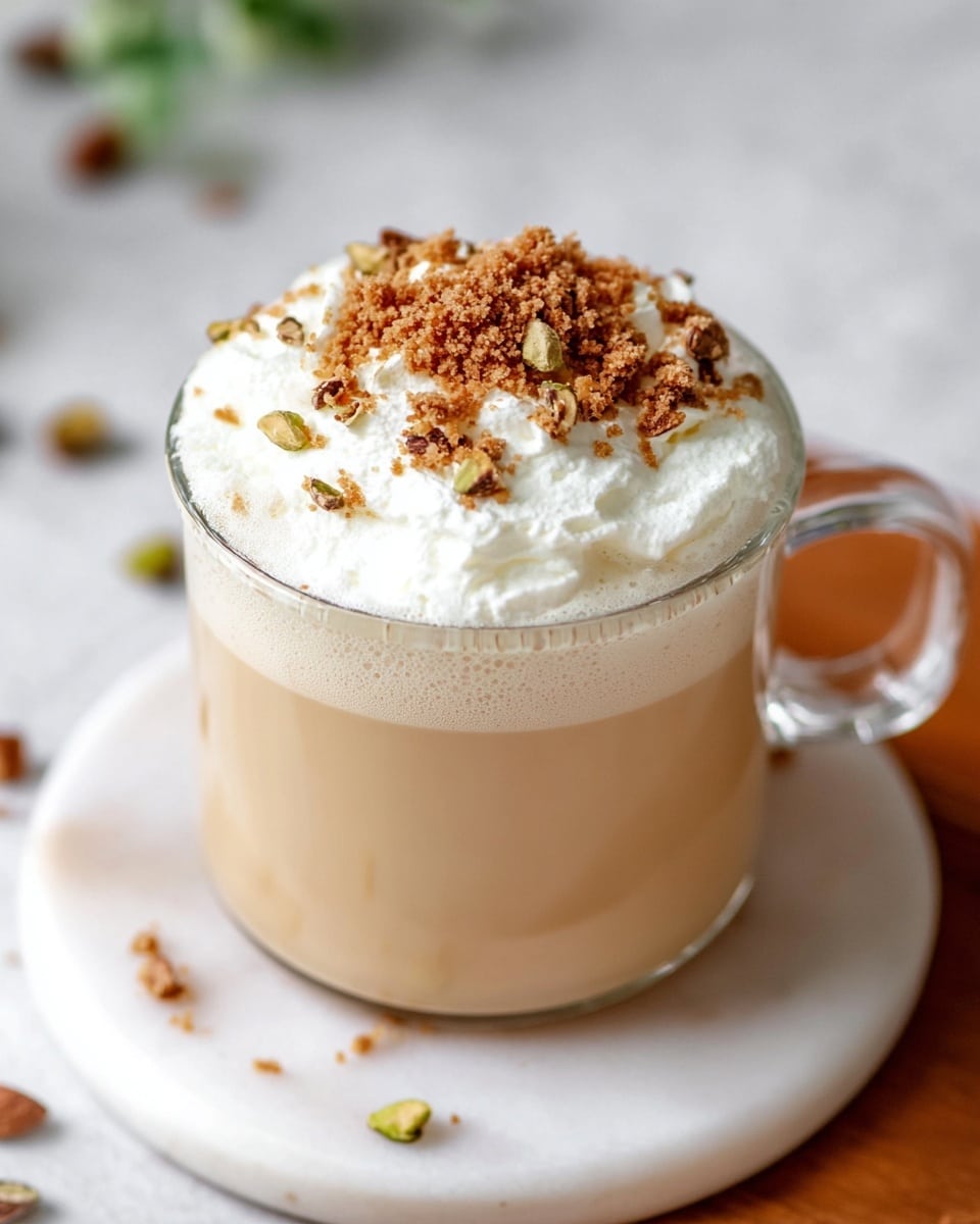 The image shows a clear glass cup filled with a creamy light beige drink, topped with a thick, fluffy white whipped cream layer. On top of the whipped cream, there are small brown crumb pieces sprinkled evenly, adding a textured contrast. The cup rests on a round white plate with a white marbled surface beneath. Scattered around the plate are a few small nuts or seeds, blurred in the background, giving a cozy and fresh feeling. photo taken with an iphone --ar 4:5 --v 7