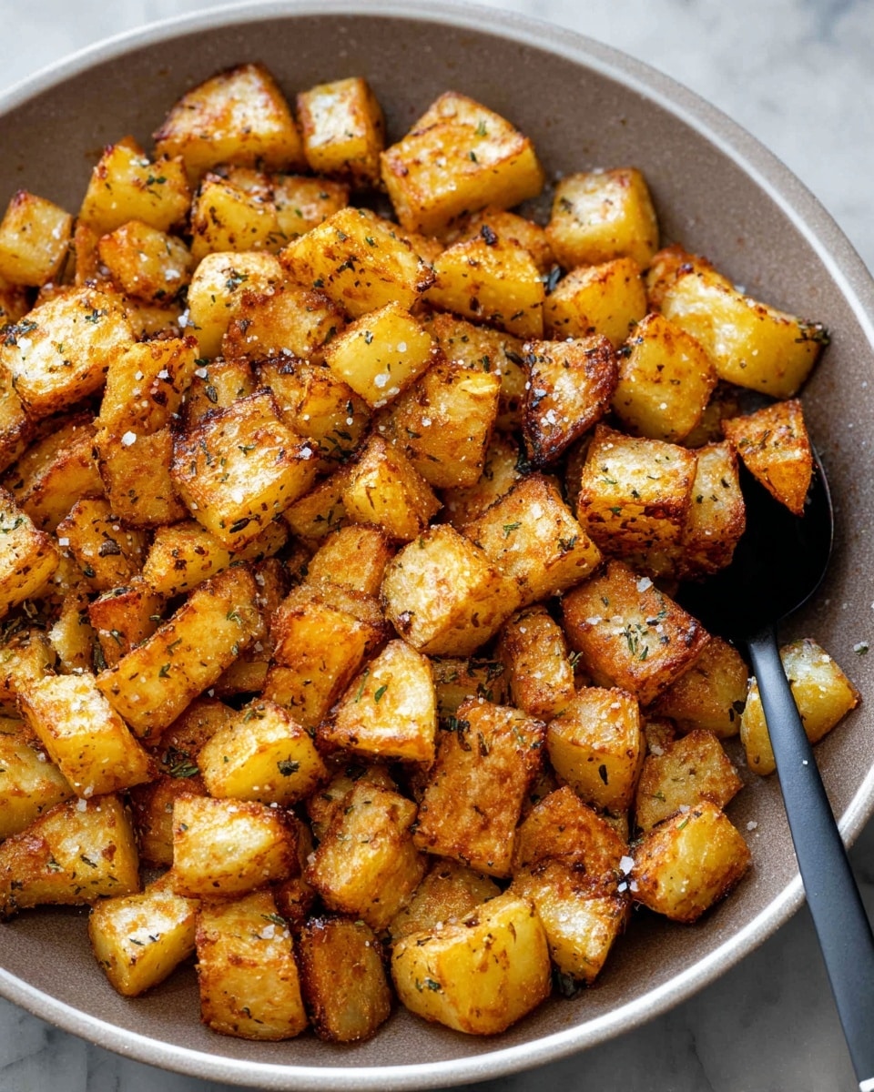 A close-up view of many small golden brown roasted potato cubes in a wide, shallow white bowl, each cube showing a crispy, textured surface with seasoning specks like herbs and coarse salt scattered on top, and a black spoon nestled in the right side of the bowl, all set on a white marbled surface photo taken with an iphone --ar 4:5 --v 7