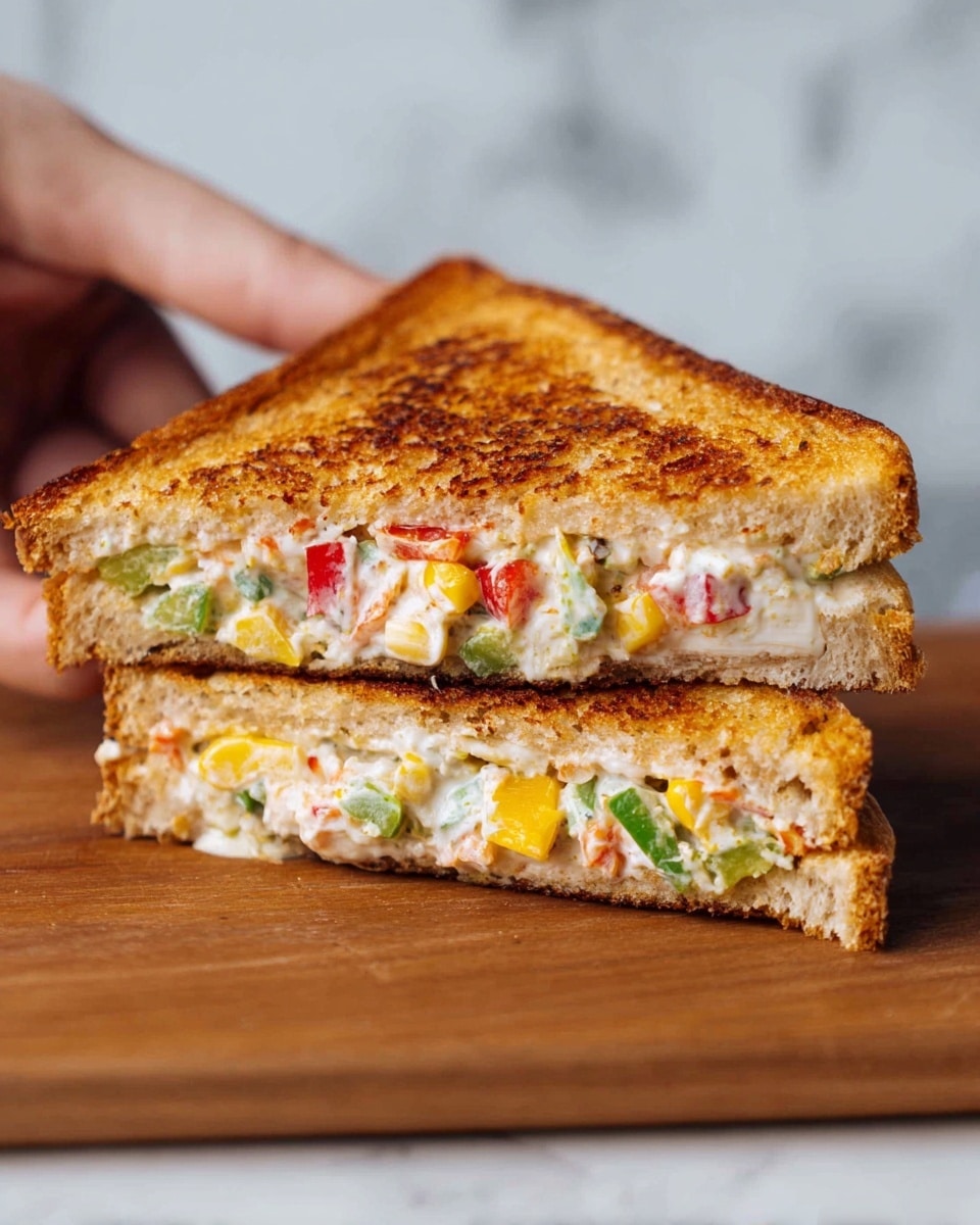 A toasted sandwich cut into two triangular halves stacked together, showing three distinct layers: the top and bottom layers are golden brown and crispy toasted bread with a slightly rough texture, and the middle layer is creamy with mixed colorful vegetables like red bell pepper, green pepper, yellow corn, and small white chunks, giving a chunky and fresh look; a woman's hand is holding the top half, lifting it slightly, and the sandwich rests on a wooden surface with a white marbled texture background photo taken with an iphone --ar 4:5 --v 7