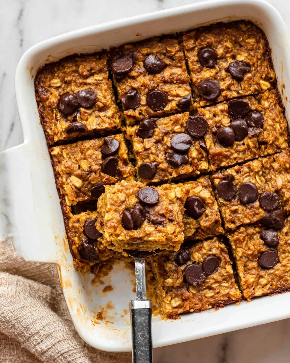 A white rectangular baking dish holds a baked oatmeal dessert cut into nine square pieces. The top layer is golden brown with a rough, slightly crumbled texture and is dotted with dark brown chocolate chips scattered unevenly on each piece. One portion is lifted by a metal spatula with a black handle, showing the soft and dense inside of the oatmeal, which is lighter brown and moist. The dish sits on a white marbled surface with part of a beige cloth visible nearby. Photo taken with an iphone --ar 4:5 --v 7