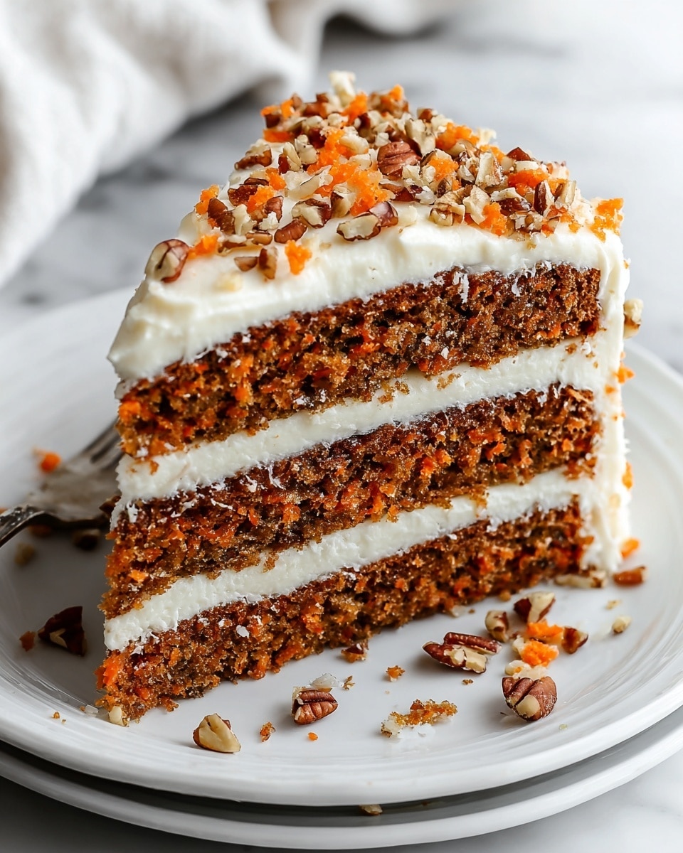 A two-layer carrot cake with light brown, moist cake layers filled with visible orange carrot pieces, separated and coated with smooth white cream cheese frosting. The top layer is thickly frosted and sprinkled with thin orange shredded carrots. A woman’s hand is holding a knife under a cut slice, revealing the detailed texture inside. The cake sits on a white plate over a white marbled surface, with a bowl of white frosting and plates of shredded carrots blurred in the background. Photo taken with an iphone --ar 4:5 --v 7