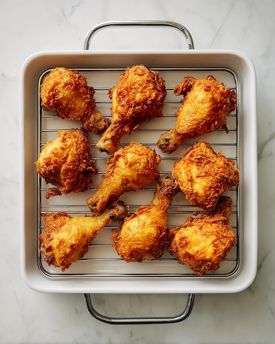 A white square baking dish with a metal rack inside holds nine pieces of golden-brown fried chicken drumsticks arranged in three rows, each piece showing crispy, textured skin with some darker, crunchy edges, all evenly spaced and resting on a clean white marbled surface. photo taken with an iphone --ar 4:5 --v 7
