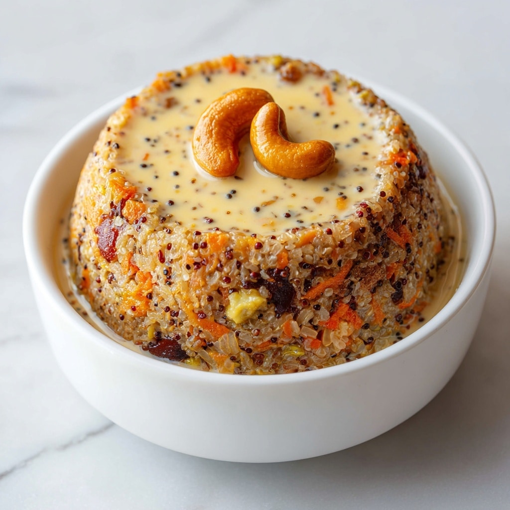 A white bowl filled with pale green, creamy curry surrounds a mound of brown ragi upma placed in the center. The upma has a soft texture with small visible bits of vegetables, and on top, there is a single cashew nut and a small orange piece for garnish. The bowl is held by a woman's hand and is set against a white marbled surface with a wooden board blurred in the background. photo taken with an iphone --ar 4:5 --v 7