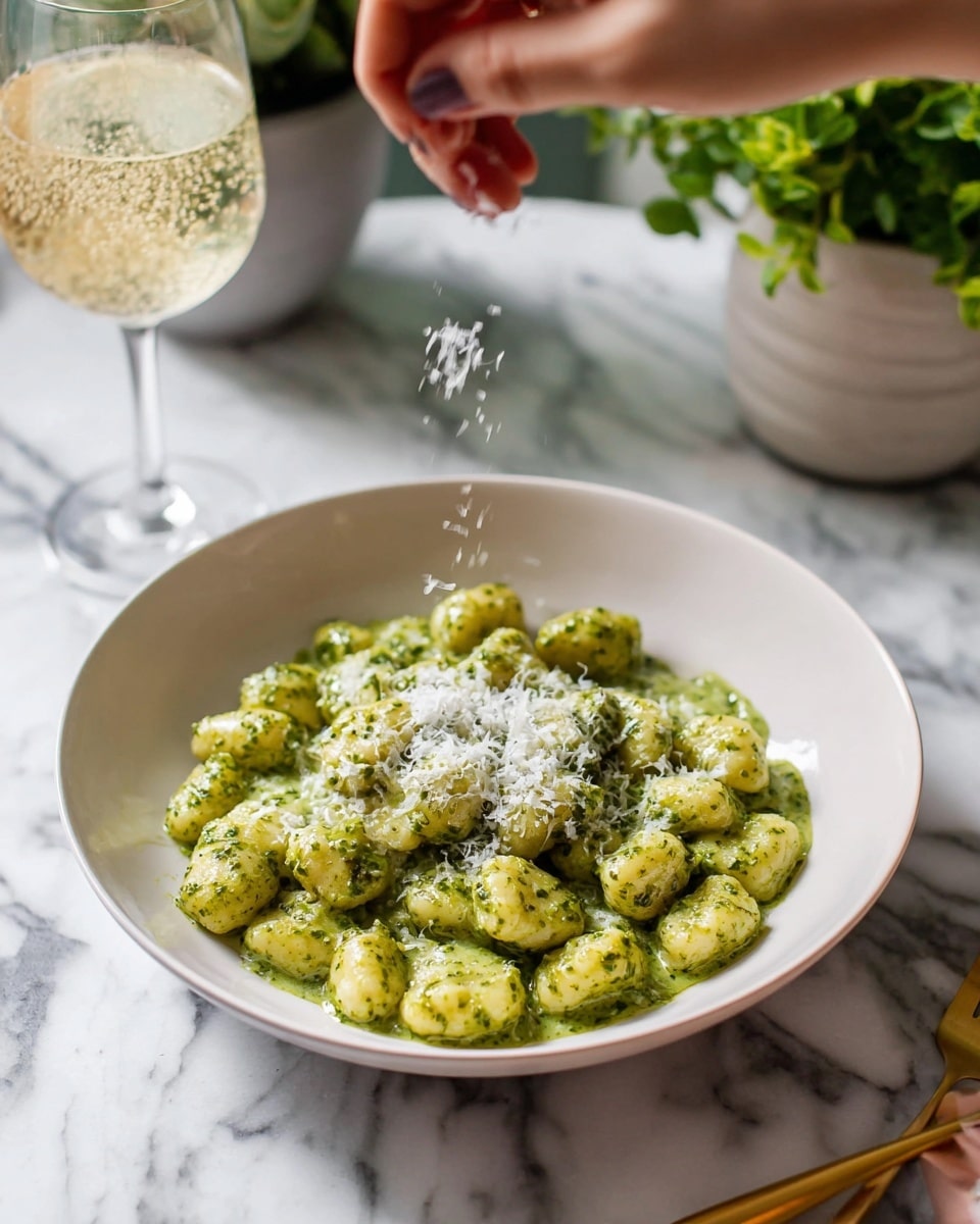 A white bowl filled with a single layer of gnocchi covered in creamy green pesto sauce, the gnocchi are plump with a smooth texture and speckled with darker green bits of herbs. On top, a woman's hand sprinkles grated white cheese, creating a small fluffy pile in the middle of the dish. The bowl sits on a white marbled surface with a glass of bubbly drink and a plant in the background. photo taken with an iphone --ar 4:5 --v 7