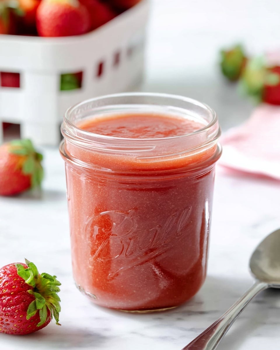 A clear glass jar filled with a smooth, reddish-pink puree that looks thick and slightly glossy, placed on a white marbled surface. The jar is full nearly to the top and the puree shows subtle texture variations within the color, suggesting fresh, blended fruit. In the background, there is a blurred white basket filled with red strawberries and a few loose strawberries with green leaves scattered around, adding a fresh and vibrant feel. A shiny silver spoon rests beside the jar on the right side. The scene is bright and clean, capturing a fresh, homemade look. photo taken with an iphone --ar 4:5 --v 7