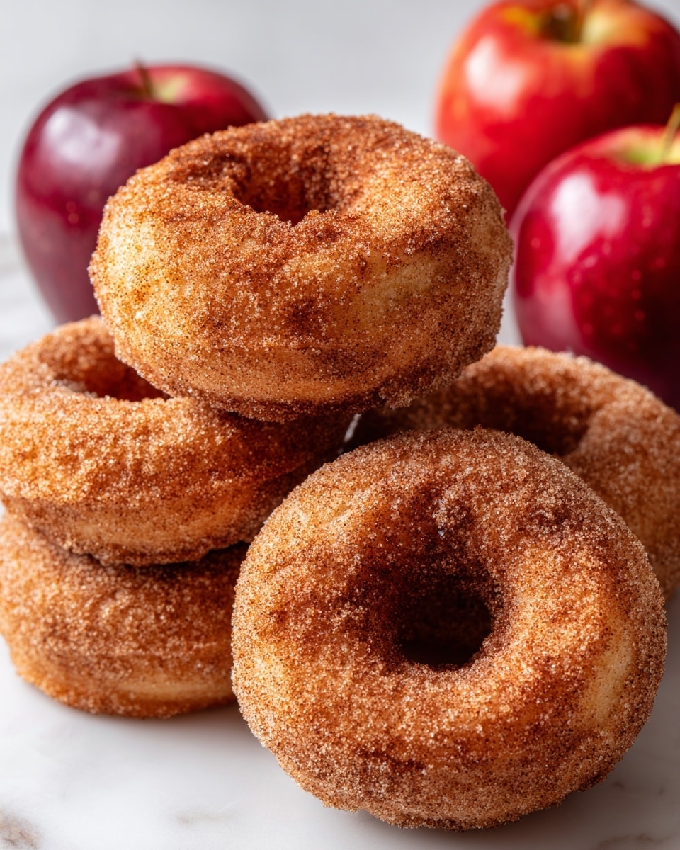 The image shows a group of five small, round cinnamon sugar donuts stacked closely together. Each donut has a rough, textured surface covered evenly with a layer of cinnamon sugar, giving a warm brown and slightly sparkly look. The donuts have a clear hole in the center and a soft, slightly uneven shape that shows their light and airy texture. Behind the donuts, two red apples with shiny, smooth skin add a splash of deep red and green to the scene. The donuts rest directly on a white marbled surface, which adds a clean and bright background that makes the warm tones of the donuts stand out. photo taken with an iphone --ar 4:5 --v 7