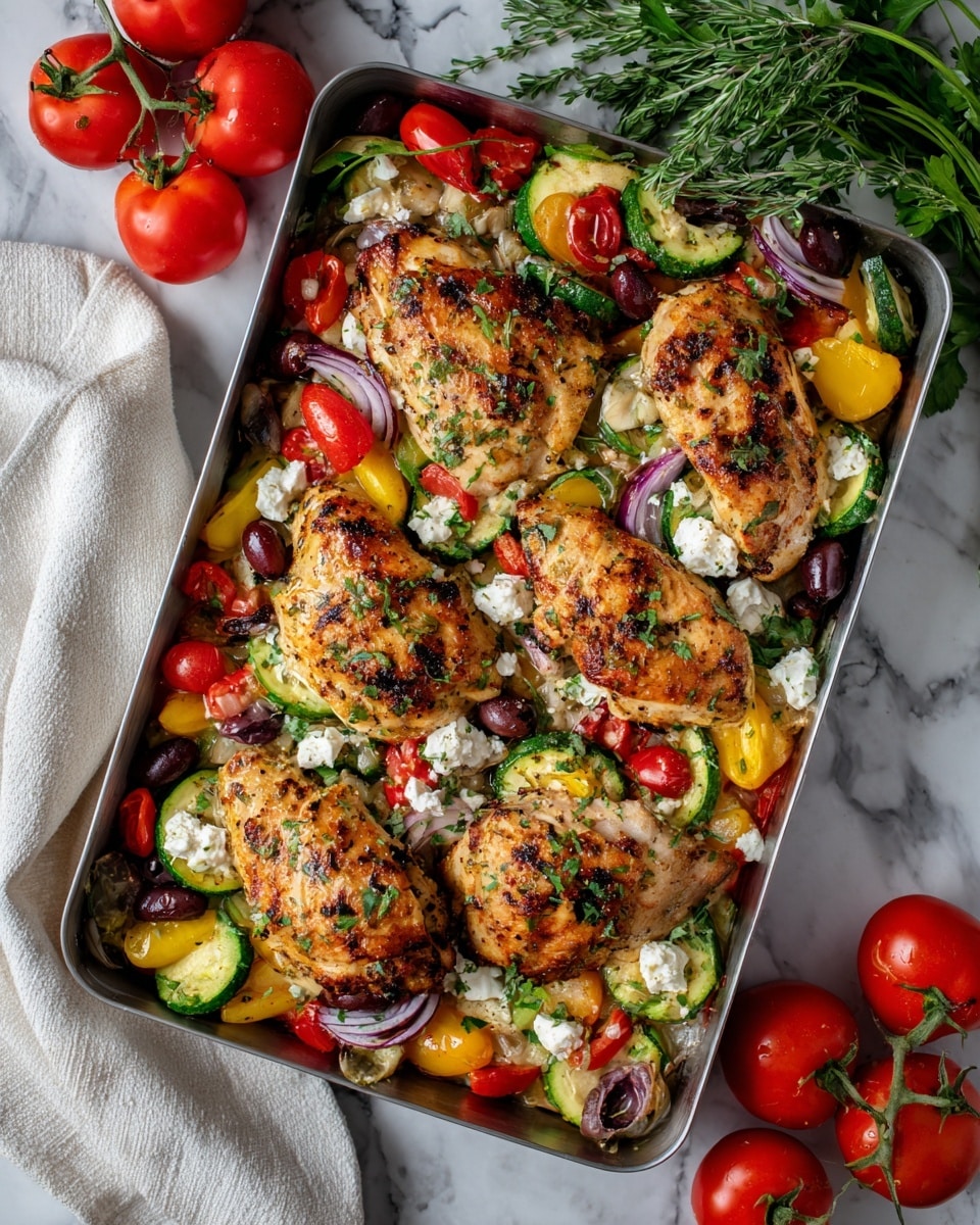 The image shows a metal baking tray filled with six grilled chicken thighs that are golden-brown with char marks, each topped with small bits of green herbs. Surrounding the chicken are colorful layers of vegetables including yellow and red cherry tomatoes, sliced zucchini with light green centers, halved purple onions, and dark purple olives. Crumbled white feta cheese is sprinkled over all the ingredients, adding texture and contrast. The tray is placed on a white marbled surface with a white cloth on the left side and a bunch of red tomatoes on the vine along with some fresh green herbs on the right side. photo taken with an iphone --ar 4:5 --v 7