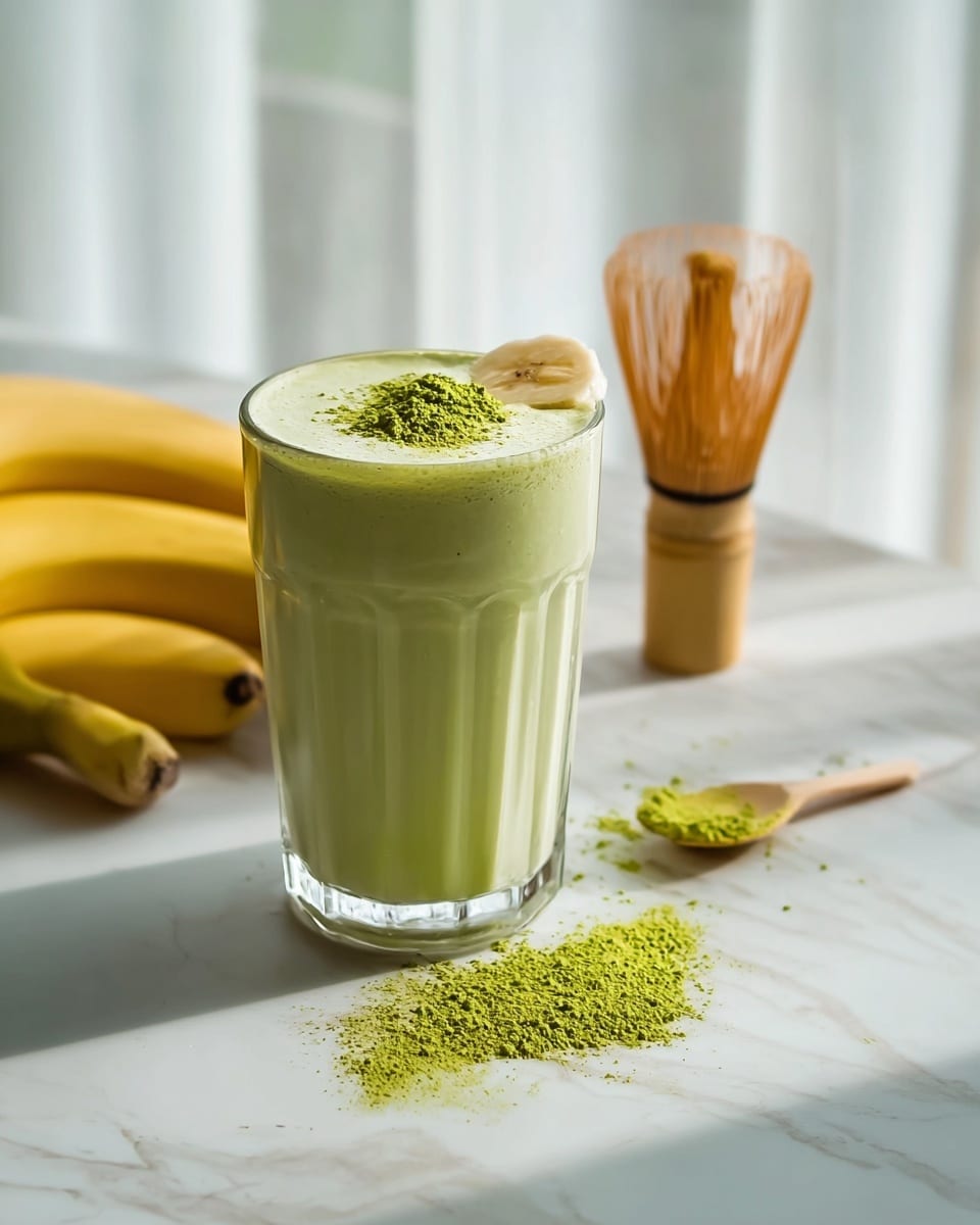 A clear glass jar filled with a creamy green banana matcha smoothie with smooth texture fills most of the frame, topped with three round banana slices placed near the jar's edge on the foam layer and a small pile of bright green matcha powder next to them, a gray and white striped paper straw inserted at the top right. The jar is resting on a soft light blue cloth, set against a white marbled surface with two whole bananas partially visible in the background and some scattered matcha powder on the surface to the right. photo taken with an iphone --ar 4:5 --v 7