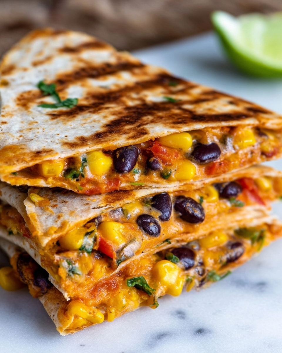 The image shows a stack of three grilled quesadilla slices cut into triangles, each slice revealing layers inside the golden brown, slightly crispy flour tortilla. The interior layers include bright yellow corn kernels, black beans, orange melted cheese, bits of red bell pepper, and small green herbs, all mixed together with a creamy texture visible. The quesadilla slices are placed on a white marbled surface, with a wedge of lime in the blurred background adding a fresh touch. The edges of the tortillas have light grill marks, and the filling looks rich and colorful, with a mix of soft and crunchy textures. Photo taken with an iphone --ar 4:5 --v 7