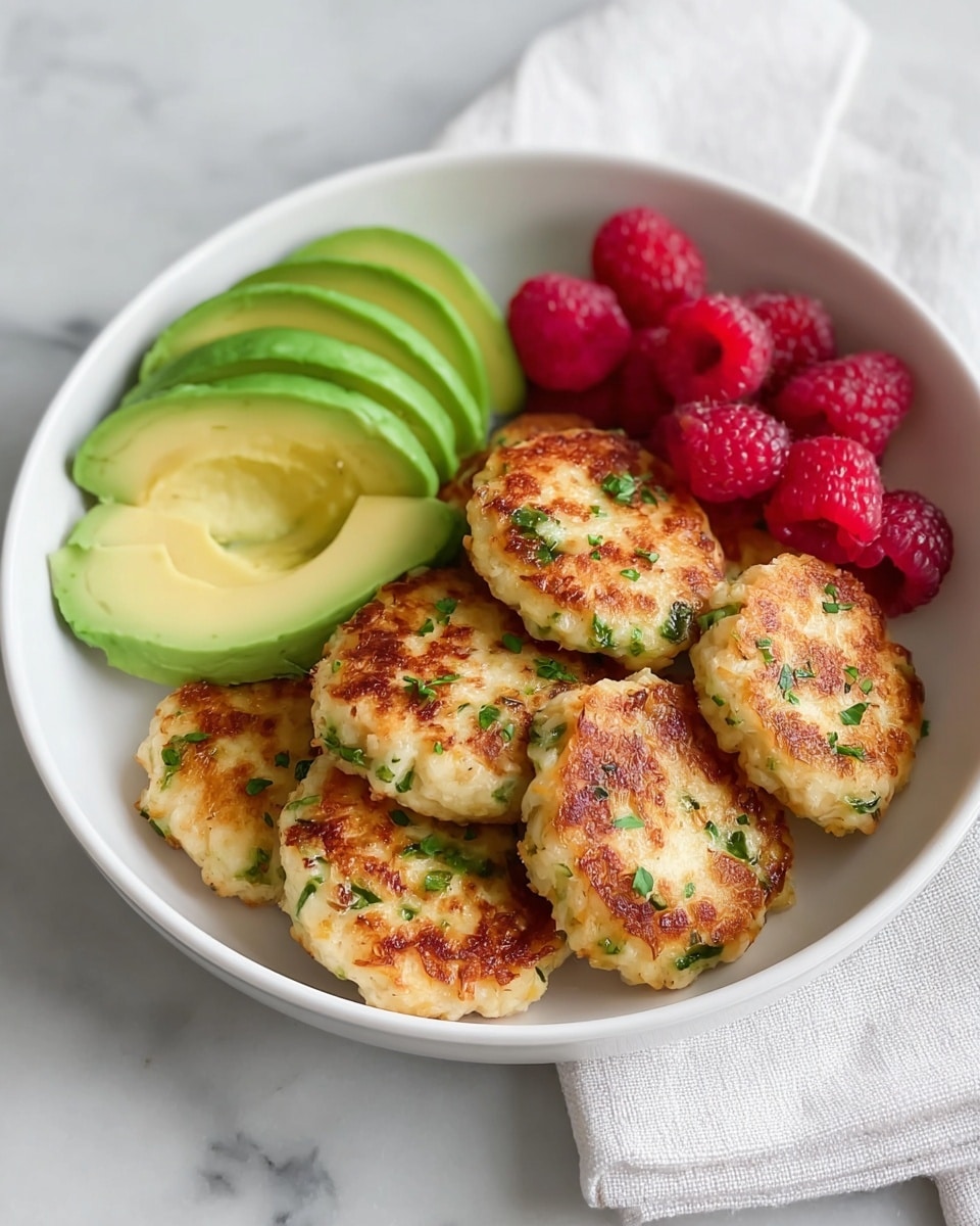 A white bowl holds a small stack of seven golden-brown, round patties with specks of green herbs on top, arranged mostly in the center and front. To the left inside the bowl, three slices of light green avocado with a creamy texture are placed in a neat row. On the right side, five bright red raspberries with a bumpy texture are grouped together. The bowl sits on a white marbled surface with a white cloth underneath. Photo taken with an iphone --ar 4:5 --v 7