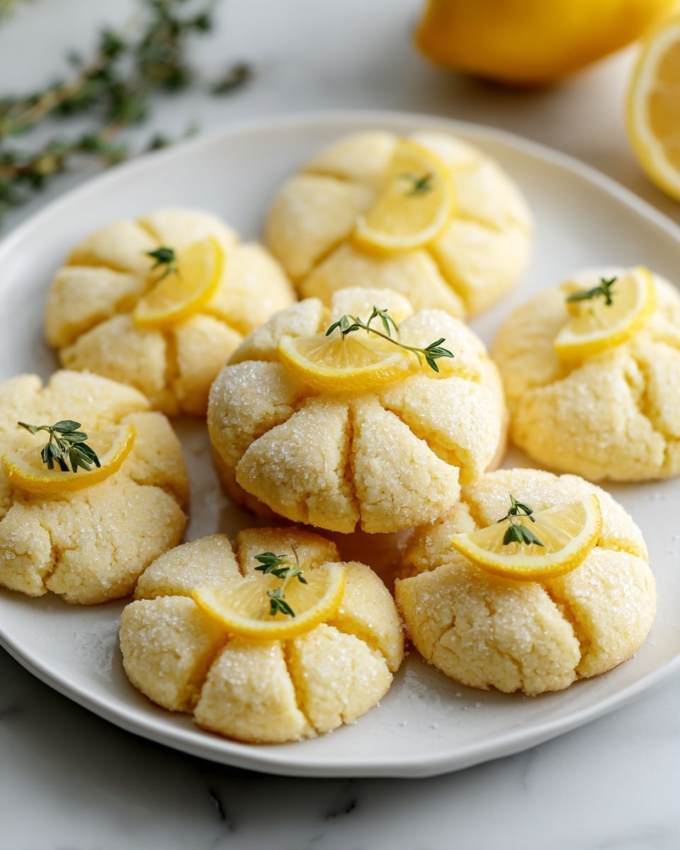 A white plate holds six round lemon cookies arranged in a circle. Each cookie has five deep cuts radiating from the center, creating a star-like pattern. The cookies are pale yellow with a slightly crumbly texture, and some have a rough sugar topping that adds a bit of sparkle. Each cookie is topped with a small slice or wedge of bright yellow lemon and a few small green sprigs, likely thyme, adding a fresh contrast. The background is a white marbled surface, with a blurred lemon and more green sprigs in soft focus. Photo taken with an iphone --ar 4:5 --v 7