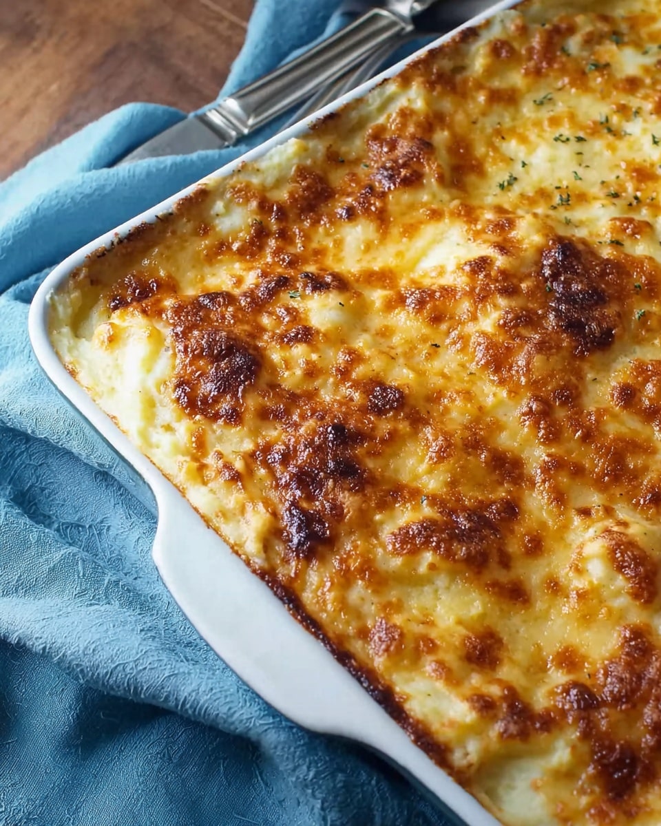 A white ceramic baking dish filled with a baked cheesy dish having a golden brown, bubbly crust on top with some darker browned spots, showing melted cheese texture with slight bubbling. The edges of the dish reveal creamy layers underneath the crust, likely mashed potatoes or a similar base. The dish is placed on a wooden surface, next to a blue cloth napkin and silver cutlery partially visible. The photo is close-up, focusing on the rich, textured cheese topping. Photo taken with an iphone --ar 4:5 --v 7