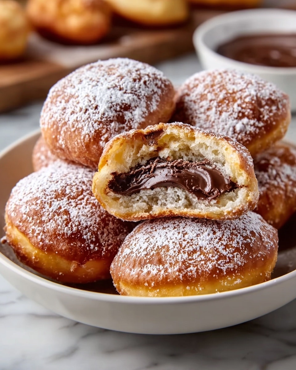 The image shows a white bowl filled with four round pastries that look soft and fluffy. Each pastry has a golden brown crust with a light dusting of powdered sugar on top. The top layer of each pastry is thickly drizzled with smooth, rich dark chocolate in diagonal lines. One pastry is cut in half and placed on top, revealing a soft, airy inside with a thick layer of creamy chocolate filling. The background is a white marbled surface. photo taken with an iphone --ar 4:5 --v 7