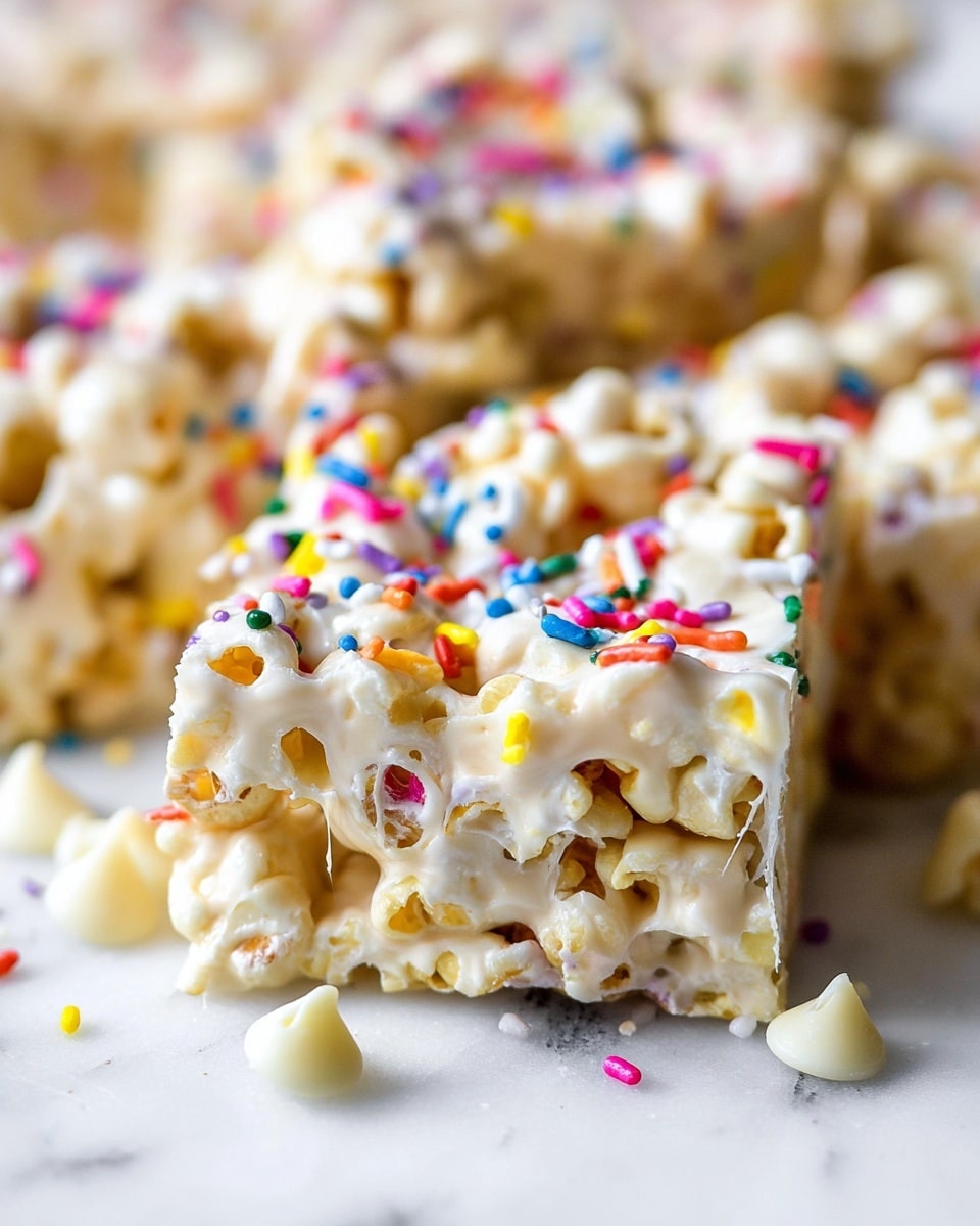 The image shows a close-up of a square-shaped treat made of light-colored popcorn coated in a white, gooey layer that sticks the popcorn together. The treat is sprinkled with small, colorful round and rod-shaped sprinkles in red, blue, yellow, green, pink, and purple. The popcorn pieces create a bumpy and textured surface with some melting white chips embedded among them. The treat is cut into smaller square pieces and placed on white parchment paper, on a white marbled texture surface. A few sprinkles and white chips are scattered around the treat. Photo taken with an iphone --ar 4:5 --v 7