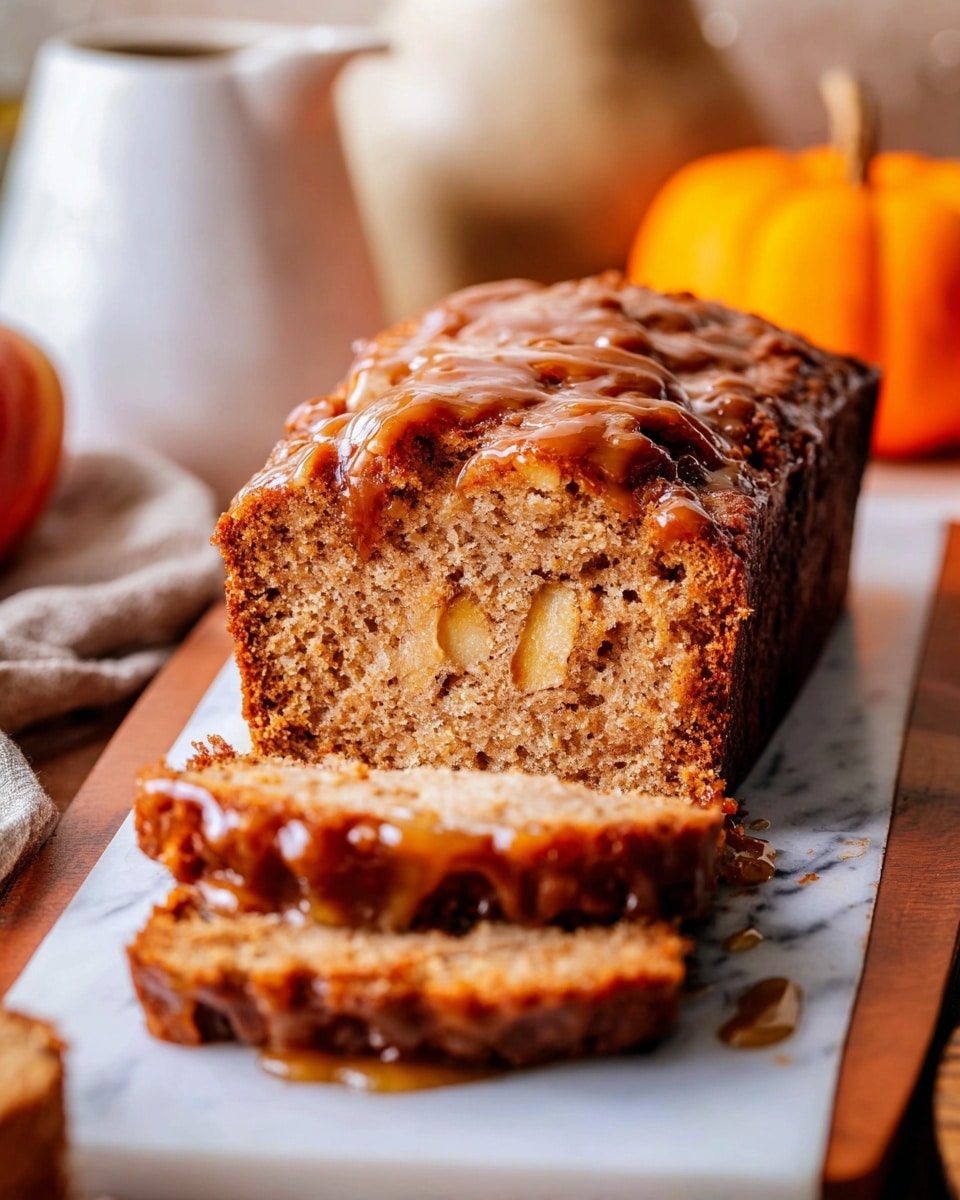 A loaf of moist, light brown cake with a slightly crumbly texture is partly sliced, showing a soft interior with small bits of apple or fruit embedded inside. The top layer is rich and sticky with a glossy, darker brown caramelized glaze that appears slightly drippy and uneven, adding shine and texture. The cake rests on white marbled paper on a wooden board, with three slices lying in front of the main loaf. The background is softly blurred with warm autumn tones, including a small orange pumpkin and a white ceramic pitcher on the left side. Photo taken with an iphone --ar 4:5 --v 7