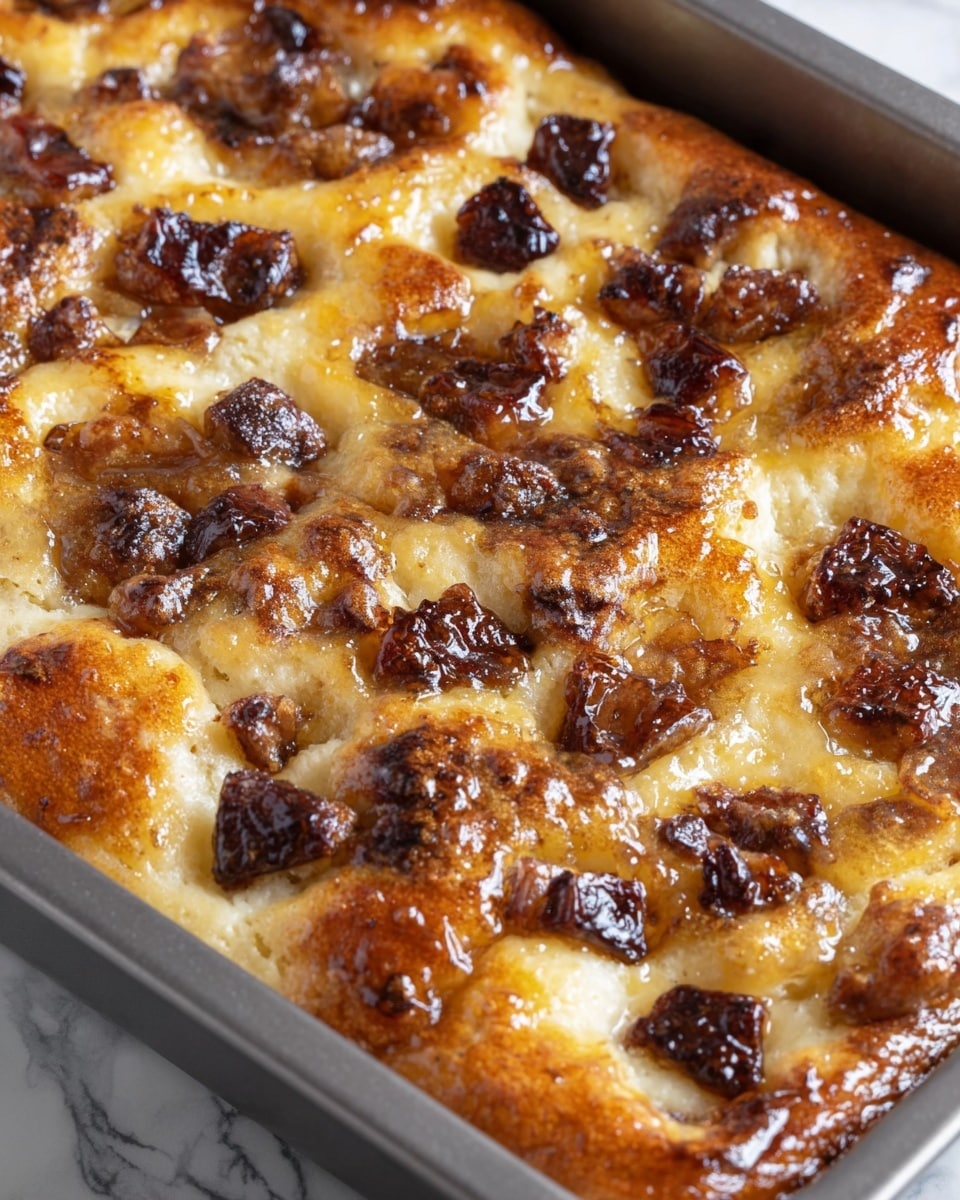 The image shows a close-up of a baked dessert in a metal tray, featuring a golden-brown, glossy top layer that looks soft and slightly crispy with caramelized edges. Scattered across this top layer are small, chunky pieces of cooked fruit that are dark brown, indicating they have been baked with spices or sugar, giving a slightly caramelized and moist texture. The dessert surface has areas of melted glaze that add a shiny look, and the dough underneath appears soft and fluffy with a light cream color. The tray is set on a surface with a white marbled texture. photo taken with an iphone --ar 4:5 --v 7