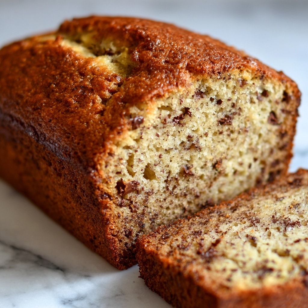 The image shows a close-up of a moist banana bread loaf sliced horizontally to reveal its inside texture. The loaf has a golden-brown crust with a slightly crunchy look, and the inside is light tan with visible dark chocolate chips and small chunks of banana scattered throughout. The texture looks soft and dense with tiny air holes. The bread is placed on a white marbled surface, focusing on the detailed crumb and mix of ingredients inside the slice. Photo taken with an iphone --ar 4:5 --v 7