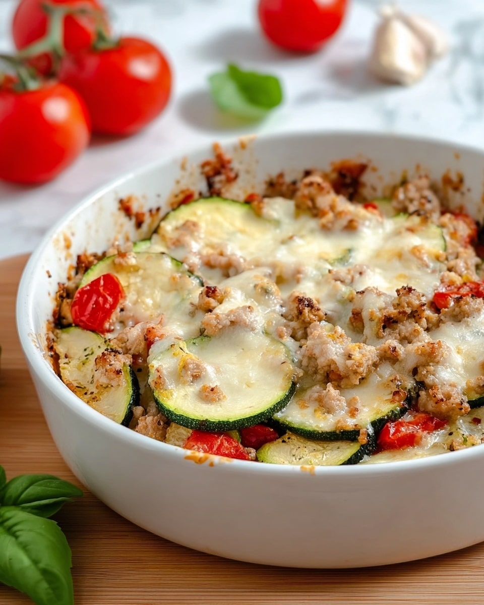 A white round dish holds a baked casserole with three visible layers: the bottom layer has round slices of green zucchini with a smooth texture, the middle layer is mixed with chopped red cherry tomatoes and crumbled light brown cooked meat, and the top layer is melted white cheese, slightly browned and bubbly, covering parts of the veggies and meat. The edges of the dish show some browned spots from baking. The dish is placed on a light wooden surface with a white marbled background, and fresh tomatoes and a basil leaf with a garlic clove are blurred in the background. Photo taken with an iphone --ar 4:5 --v 7