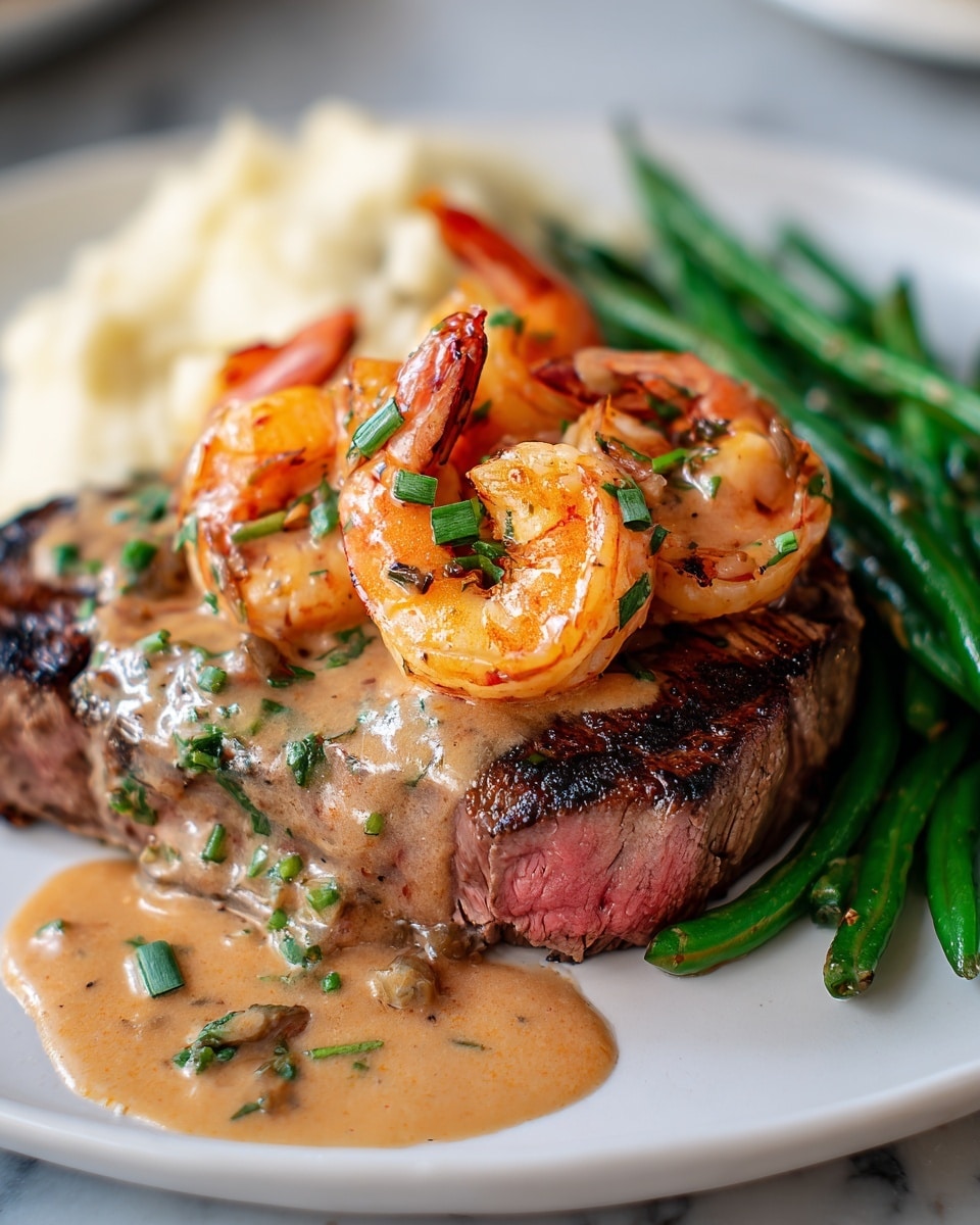 The image shows two thick, grilled steak pieces covered with creamy, light orange sauce that has small red chili flakes and finely chopped green herbs scattered on top and around. On top of the sauce, there are several cooked shrimp with bright orange and pink tones, some stacked and others spread evenly, adding texture and color contrast to the dark brown, charred surface of the meat. The dish is presented in a black pan sitting on a white marbled textured surface, with parts of the shrimp and sauce catching soft light, giving the food a fresh and rich appearance. photo taken with an iphone --ar 4:5 --v 7