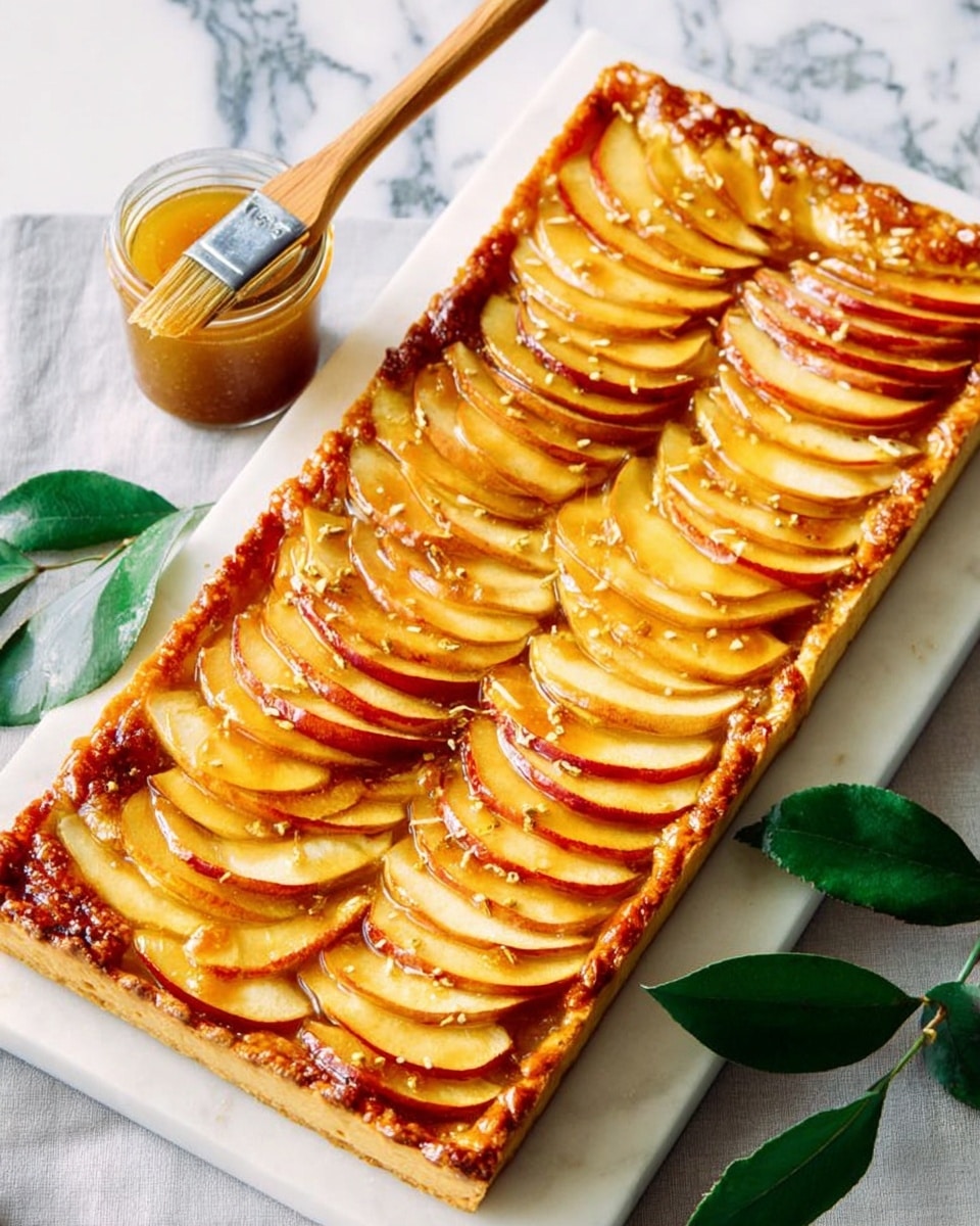 A rectangular apple tart sits on a white marble board, arranged with multiple thin and shiny golden apple slices fanned out perfectly in overlapping rows covering the entire top. The tart crust is golden brown and slightly crispy around the edges. Next to the tart, there is a small glass jar filled with a golden brown glaze, with a wooden brush resting on top, coated with the glaze for brushing the apples. Green leaves are placed on the white marbled surface in the background. The photo taken with an iphone --ar 4:5 --v 7