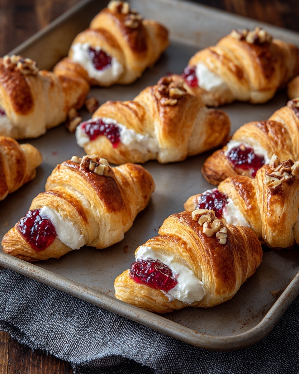 The image shows a baking tray with ten small golden croissants arranged in loose rows. Each croissant is filled with a creamy white layer of cheese or cream in the middle, topped with a thick, glossy red jam that looks like berry jam. Small chopped nut pieces are sprinkled over the jam on top. The croissants have a flaky, buttery texture with a slight shine, and the tray rests on a textured gray cloth on a wooden table. Photo taken with an iphone --ar 4:5 --v 7