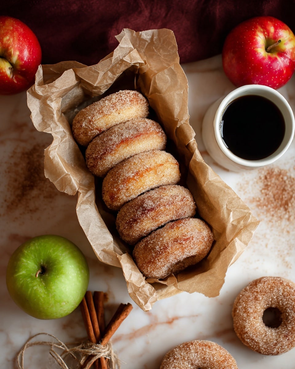 A white basket lined with crinkled brown paper holds four sugar-coated cinnamon donuts, arranged in a neat row showing their golden brown, slightly rough texture. Around the basket on the white marbled surface, there are more cinnamon donuts, including one with a bite taken out showing a soft, light inside. Two apples—one red and one green—rest nearby, adding bright spots of color. A small white ceramic cup filled with black coffee is placed to the right, and a bundle of cinnamon sticks tied with rustic string lies in the bottom left corner. The setting has a warm, cozy feel. photo taken with an iphone --ar 4:5 --v 7