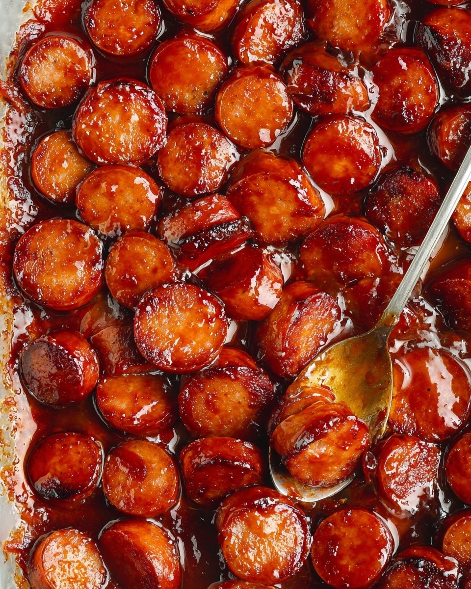 A close-up view of many round sausage slices cooked in a sticky, shiny reddish-brown sauce, some slices showing slight char marks and a caramelized texture; the sausage pieces are layered densely, covering the entire frame, with a silver spoon partially visible on the right side scooping some slices, all placed on a white marbled surface photo taken with an iphone --ar 4:5 --v 7