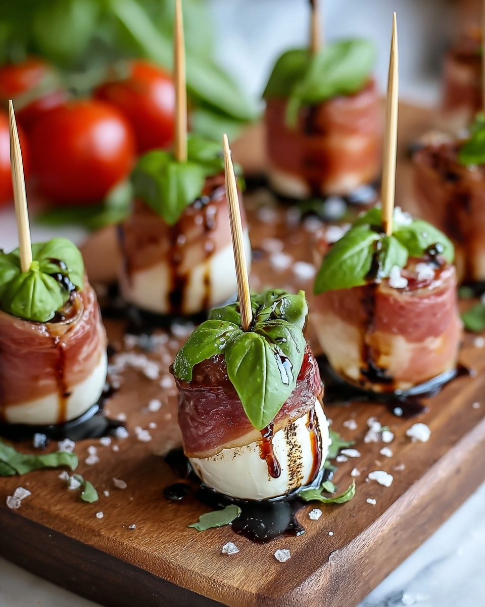 The image shows small appetizers arranged in two rows on a wooden board. Each piece has three visible layers: a white round cheese at the bottom with tiny black grill marks, wrapped in a thin pinkish-brown slice of cured meat in the middle, and topped with a fresh bright green basil leaf. A wooden skewer pierces through all layers vertically holding them together. Dark brown balsamic glaze is drizzled lightly on top and around the board. Coarse sea salt flakes are sprinkled over the appetizers and board. The background has some blurred fresh green leaves and red tomatoes, resting on a white marbled surface. Photo taken with an iphone --ar 4:5 --v 7