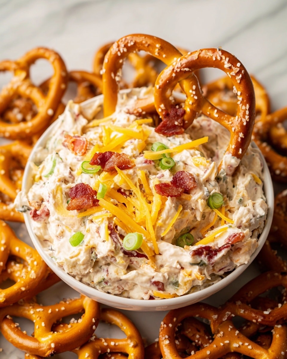 A white bowl is filled with a creamy, chunky dip that has a pale off-white color mixed with bits of green and orange. On top, there are thin strips of bright yellow cheese and small pieces of reddish-brown bacon scattered throughout. Thin green rings of sliced spring onion are also visible on the surface. A large, golden-brown pretzel, speckled with coarse salt, is tucked into the dip. Surrounding the bowl, several similar pretzels lie on a white marbled surface, adding texture and warmth to the scene. photo taken with an iphone --ar 4:5 --v 7