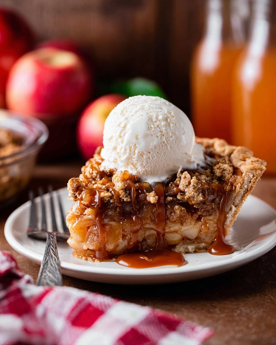 A single slice of crumbly apple pie sits on a white plate, showing three main layers: a thick, light golden crust at the bottom, a juicy pale apple filling in the middle, and a crunchy, crumbly topping in a warm golden brown color with uneven texture. The entire slice is drizzled with shiny, rich caramel sauce that flows down the sides and pools slightly on the plate. A silver fork rests on the right side of the plate. The scene is set on a white marbled surface with a red-and-white checkered cloth in the background, creating a cozy feel. Photo taken with an iphone --ar 4:5 --v 7