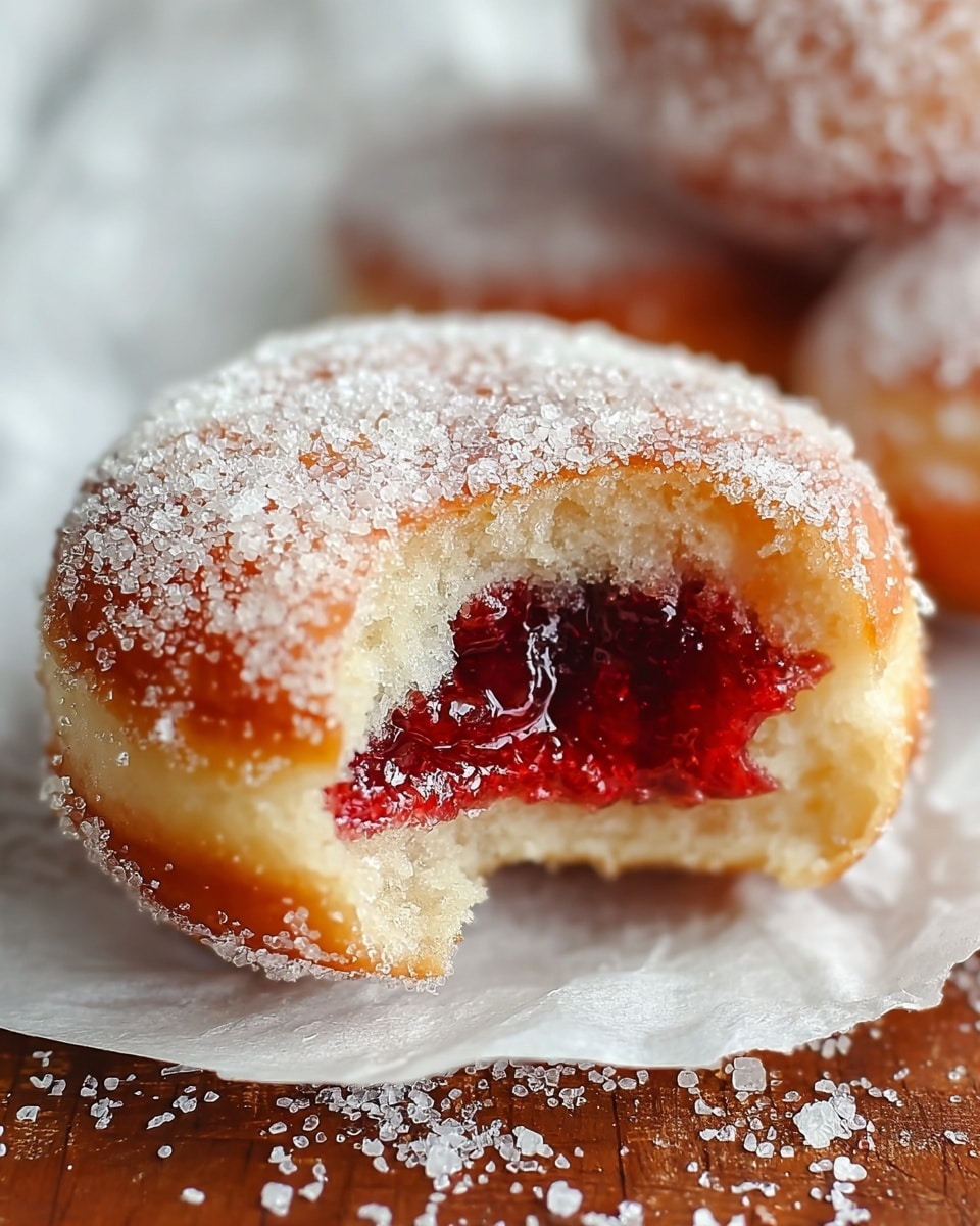 A close-up of a round, golden-brown doughnut covered in coarse white sugar crystals, with a bite taken out of the top layer showing a thick, glossy, dark red jelly filling inside. The doughnut is resting on a white paper liner that sits on a wooden surface, with a soft white marbled texture in the background. Photo taken with an iphone --ar 4:5 --v 7