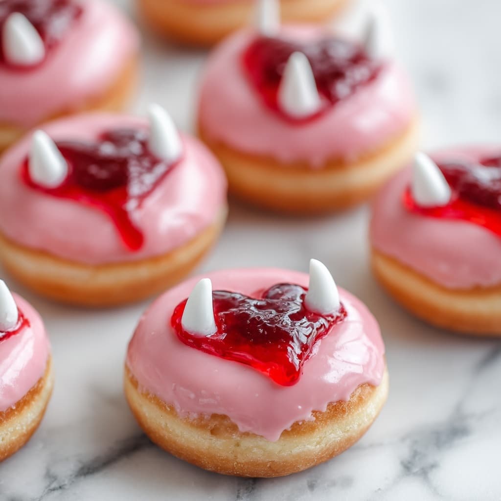 A group of round donuts arranged on a white marble textured surface, each donut topped with smooth pink icing that covers the entire top layer, creating a shiny and glossy finish. Some donuts have bright red syrup dripping down from the center, giving a liquid, flowing look that contrasts with the pink icing. White, sharp fangs made of edible material are inserted at the top sides of the syrup, creating a spooky, vampire-like effect. The donuts have a light golden-brown base visible under the icing. Photo taken with an iphone --ar 4:5 --v 7