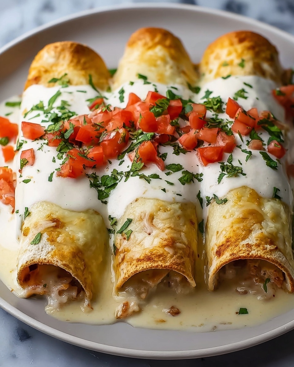Three rolled enchiladas are placed side by side on a white plate, each filled with a creamy, pale mixture and wrapped in golden-brown tortillas. The top of each enchilada is covered with a thick layer of white sauce that drips slightly onto the plate. On top of the sauce, small red diced tomato pieces and green cilantro leaves add a fresh and colorful touch. The plate rests on a white marbled surface, adding a clean and bright background to the dish. photo taken with an iphone --ar 4:5 --v 7