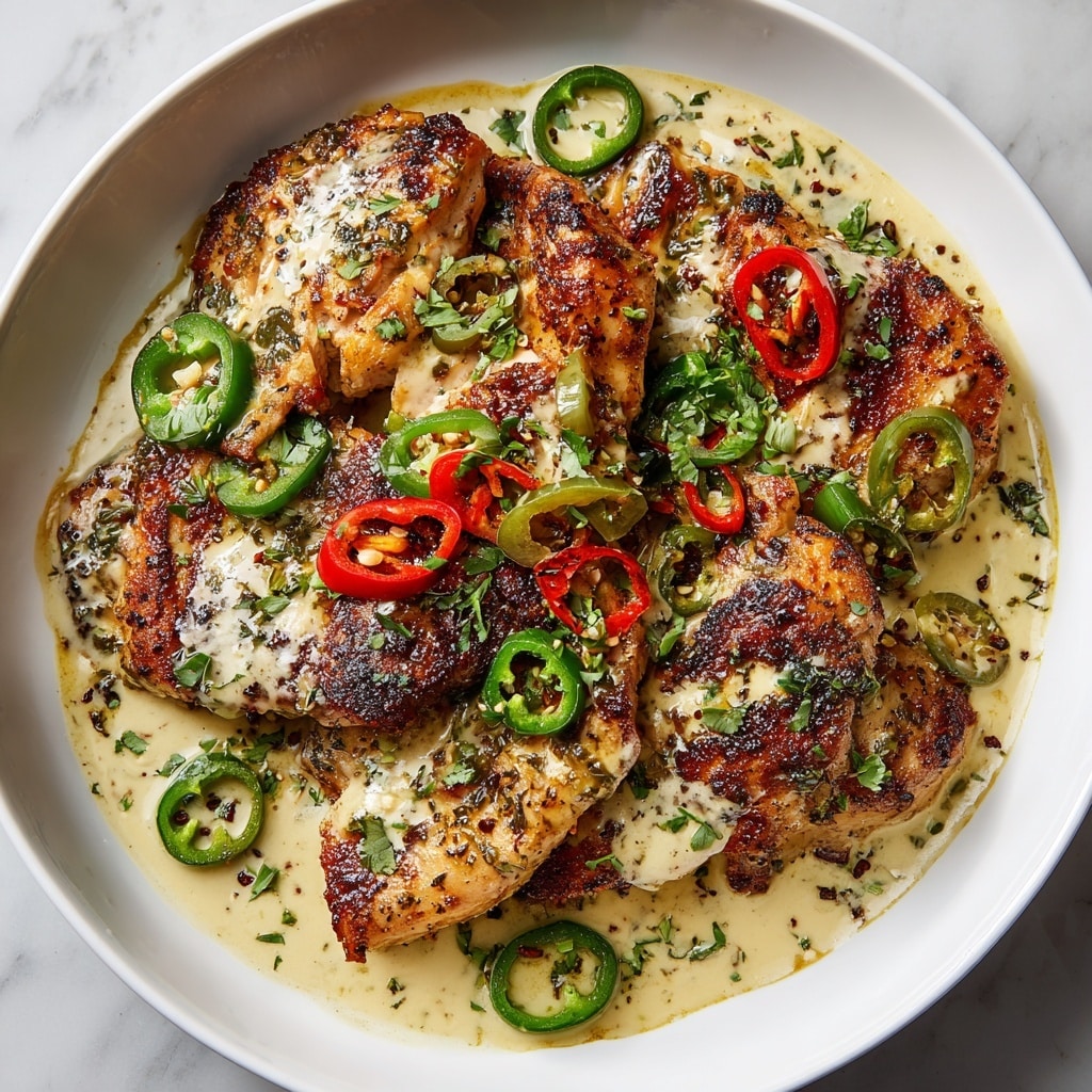 The image shows a close-up view of several pieces of golden-brown grilled chicken arranged in a white skillet, each piece speckled with herbs and pepper. The chicken is partially covered with a creamy light beige sauce that has a smooth texture and pools around the pieces. Bright green and red pepperoncini slices, thin and curved, are scattered evenly over and between the chicken, adding a fresh, colorful contrast. The sauce also drapes softly over the edges of the chicken, merging with the peppers to create a mix of creamy and tangy elements. The skillet sits on a white marbled surface that highlights the vibrant colors of the dish. photo taken with an iphone --ar 4:5 --v 7