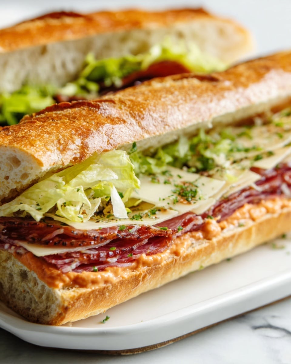 A close-up of a sandwich cut in half, showing three visible layers inside a toasted, golden brown baguette with a slightly crispy texture. The bottom layer is a spread of smooth, orange sauce, topped with fresh, light green lettuce leaves. Above that, there are thin slices of red and maroon cured meat, followed by a layering of thin, pale white cheese slices sprinkled with green herbs. The sandwich is placed on a white plate, set against a white marbled background. photo taken with an iphone --ar 4:5 --v 7