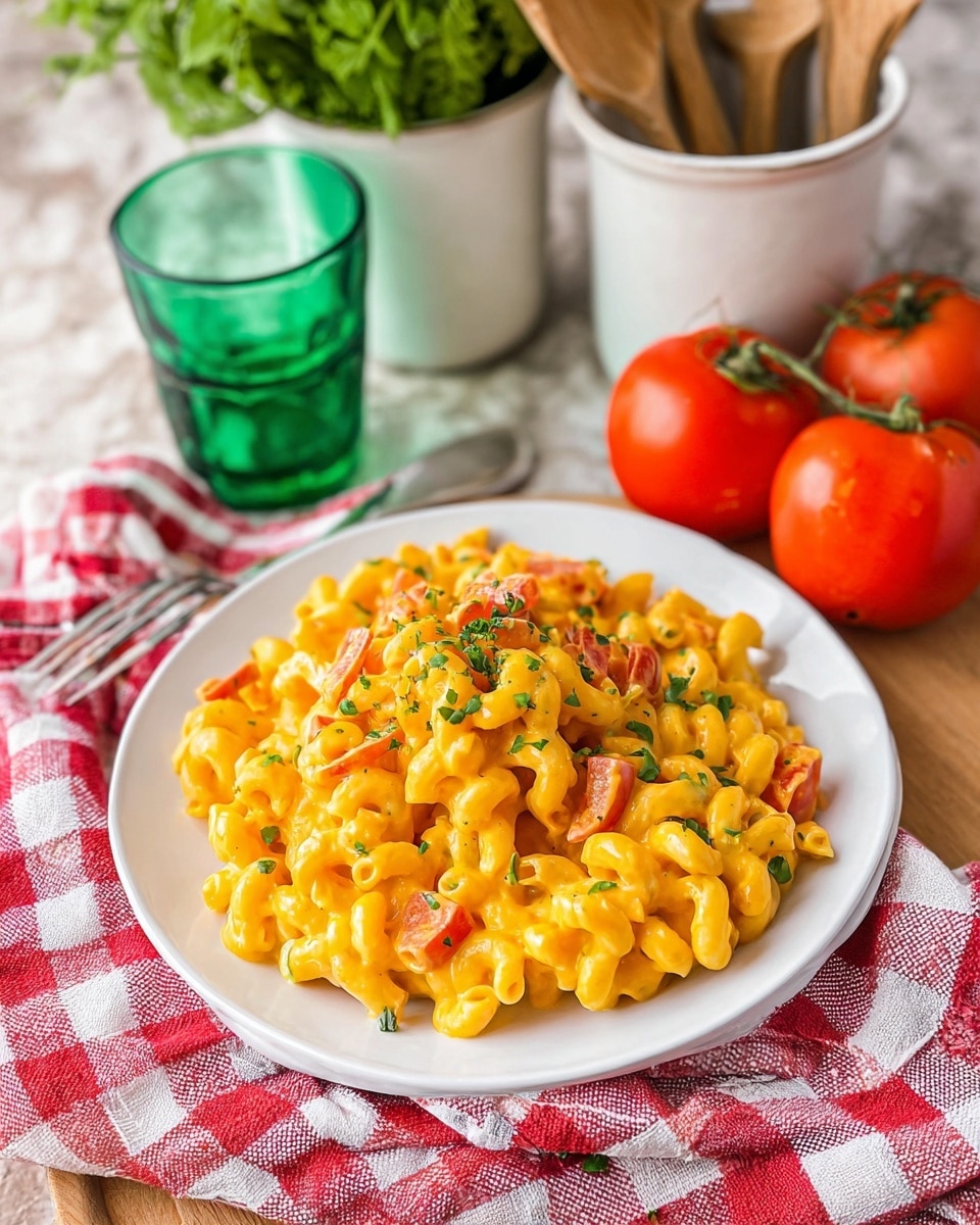 A white plate is filled with three layers of curly elbow macaroni coated in bright yellow-orange creamy cheese sauce, mixed with small chunks of red tomatoes and green herbs scattered on top. The plate sits on a red and white checkered cloth on a white marbled surface. Next to the plate is a green glass stacked on another, and behind them are two white pots, one holding wooden spoons and the other with leafy green plants. On the right side of the plate, three whole ripe red tomatoes with green stems rest on the surface. Photo taken with an iphone --ar 4:5 --v 7