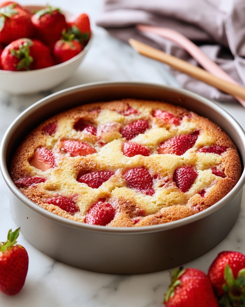 A slice of cake on a white plate with a white marbled surface under it, showing three main layers: a golden crumbly base, a middle layer filled with whole fresh strawberries and light pink cream, and a thick golden crumbly top layer. The top has powdered sugar dusted over it and fresh whole strawberries with green leaves placed as decoration. In the background, there are a few whole strawberries slightly out of focus. photo taken with an iphone --ar 4:5 --v 7