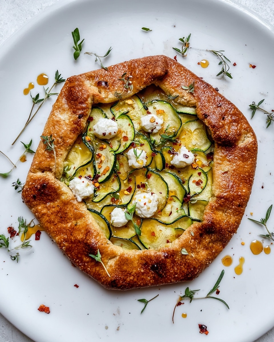 A small round galette with a thick, golden-brown, crispy crust wraps around a filling of thinly sliced green zucchini arranged in overlapping layers at the center, topped with small dollops of white soft cheese, a few droplets of amber-colored honey, and scattered green herb leaves. The galette sits on a white plate over a white marbled texture, with some small herb sprigs and tiny red chili flakes scattered decoratively around it. photo taken with an iphone --ar 4:5 --v 7
