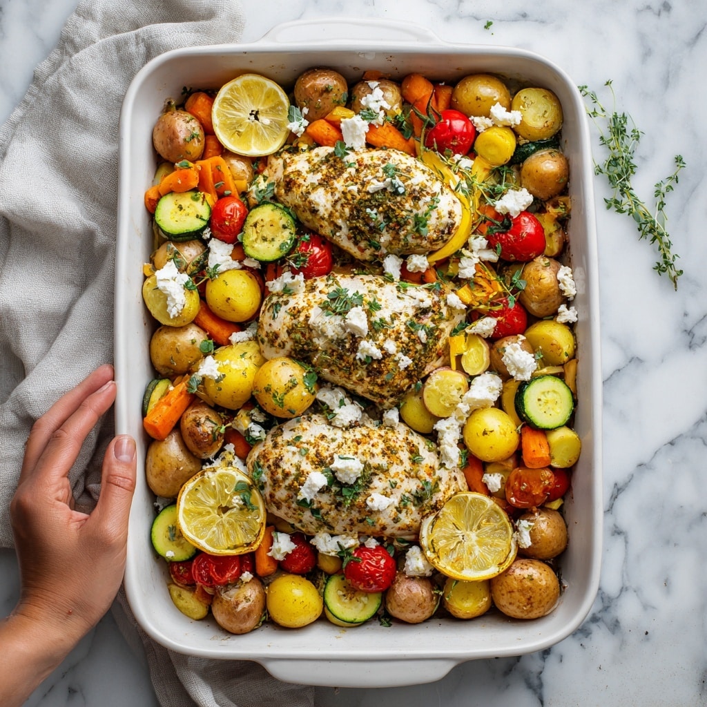 A large silver baking tray filled with cooked chicken breasts topped with crumbled white cheese and herbs, surrounded by three layers of vegetables: the first layer has small roasted yellow potato chunks, the second layer includes bright red, orange, and yellow bell pepper pieces along with roasted grape tomatoes, and the third layer contains thin strips of cooked red onion and charred lemon slices placed on top. Green herbs like parsley and rosemary are scattered all over, adding fresh green accents. The tray sits on a white marbled textured surface with a beige and white cloth partially visible under the tray's bottom right corner. Photo taken with an iphone --ar 4:5 --v 7