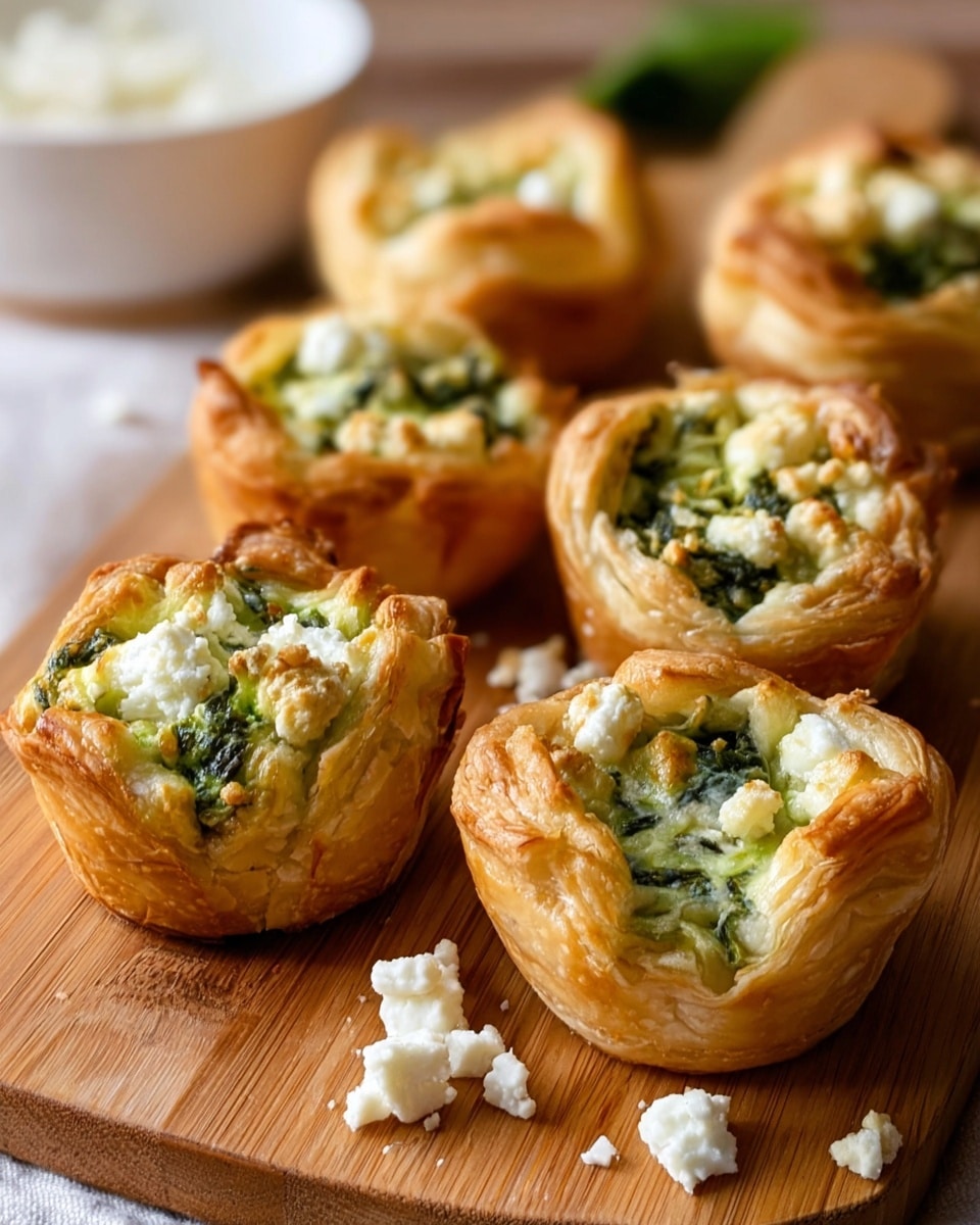 The image shows six golden-brown mini quiches placed on a wooden board, each with flaky, slightly puffed crusts forming the bottom and sides, holding a filling of light green spinach mixed with creamy white cheese that appears soft and slightly melted. The quiche fillings have a textured mix of leafy greens and small cheese chunks, with the tops slightly cracked showing the creamy insides. Around the quiches are small pieces of crumbly white cheese scattered on the wooden surface. The background shows a soft focus white bowl. The scene is lit warmly, enhancing the shiny, crisp texture of the pastry crusts. Photo taken with an iphone --ar 4:5 --v 7