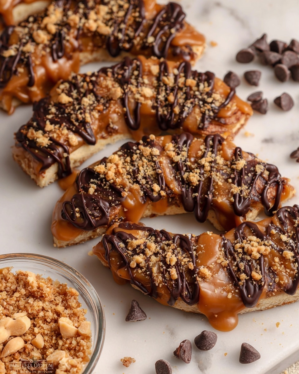 The image shows multiple pieces of a dessert shaped like crescents with a light beige base layer that has a somewhat smooth texture, topped with a thick caramel layer that covers most of the base. Over the caramel, there is a dark brown chocolate drizzle applied in wavy lines, and the dessert is sprinkled with small, light tan crumbly nut pieces, adding a crunchy texture. Scattered little dark chocolate chips lie around the dessert on a white marbled surface. A clear bowl filled with the same crumbly nut topping is partially visible in the lower corner. The photo taken with an iphone --ar 4:5 --v 7
