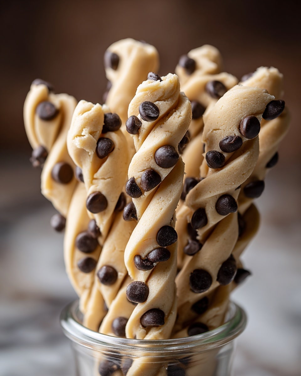 The image shows several twisted sticks made of light beige cookie dough mixed with dark brown chocolate chips, creating a contrast. The dough is thick and soft in texture, twisted into rope-like shapes with visible folds and creases, each studded generously with smooth, shiny chocolate chips in various sizes. These twisted cookie dough sticks stand upright inside a clear glass container on a white marbled surface, and the background is softly blurred in warm brown tones. photo taken with an iphone --ar 4:5 --v 7
