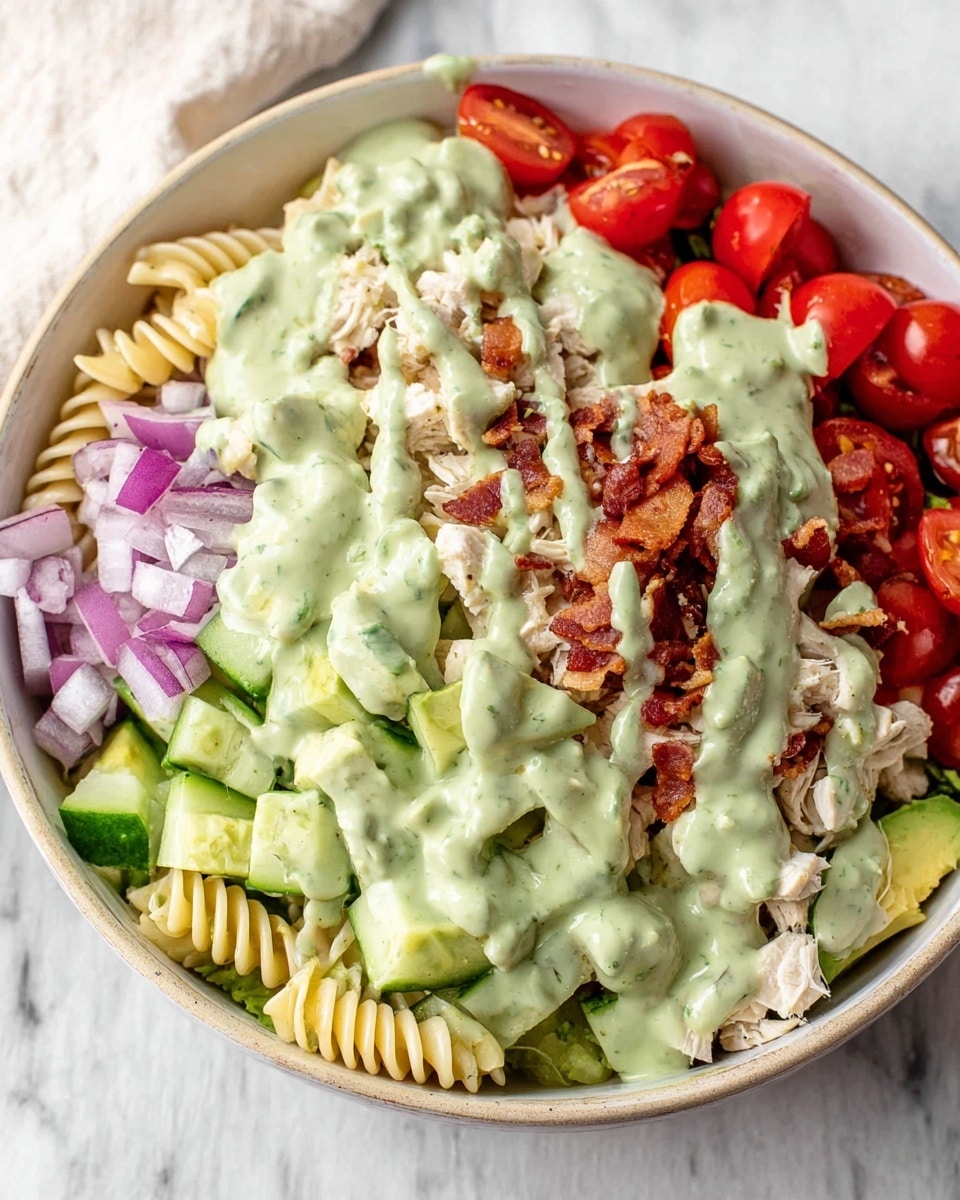 A close-up view of a pasta salad in a white, shallow octagonal bowl placed on a white marbled surface. The dish features three main visual layers: a base of light beige rotini pasta spirals with a smooth texture, evenly spread at the bottom; scattered pieces of light golden brown cooked chicken breast with a slightly rough texture on top; and a mix of bright red halved cherry tomatoes with a moist, shiny surface, medium green cucumber chunks with a cool, watery texture, and small bits of bacon with a crispy, reddish-brown appearance spread throughout. The salad looks fresh with a light creamy dressing coating all ingredients evenly, giving a slight sheen to the pasta and vegetables. photo taken with an iphone --ar 4:5 --v 7