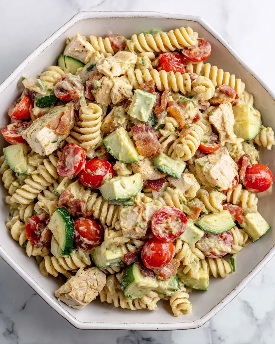 In a white bowl on a white marbled surface, there are seven visible layers of food arranged side by side: chopped red onions with a purple color, diced green avocado pieces, halved red cherry tomatoes, light beige fusilli pasta, chopped pale green cucumbers, white shredded chicken, and crisp brown bacon bits. All layers are covered with a thick light green sauce that has small darker green specks and smooth texture, spreading evenly over the top. The bowl has a slight rim and a neutral light tone. photo taken with an iphone --ar 4:5 --v 7