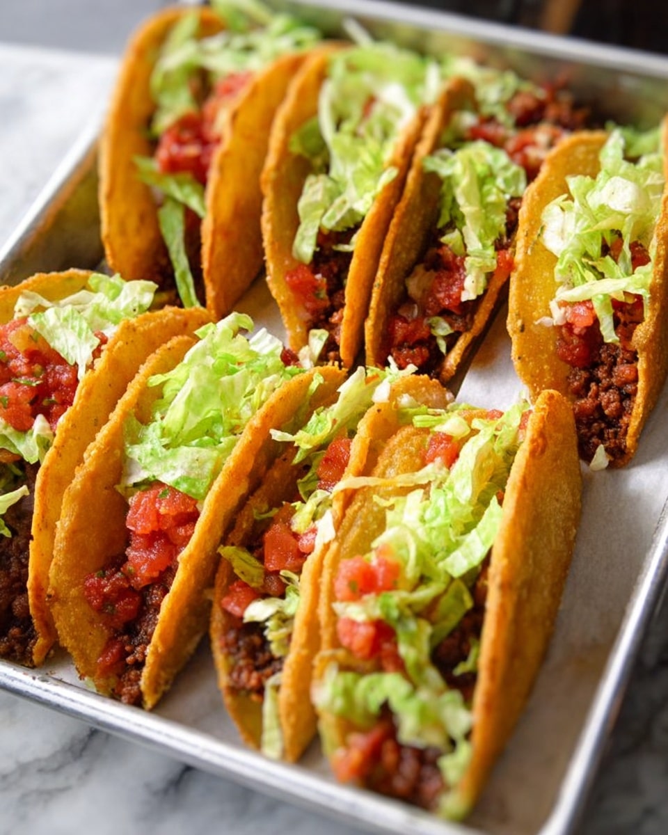 The image shows a tray with six crispy golden brown tacos standing upright in a row on white parchment paper. Each taco has a deep yellow fried shell filled with layers of rich dark brown cooked ground meat at the bottom, topped with bright red chunky salsa and fresh shredded light green lettuce on top. The tacos are placed closely together inside a metal tray, and the background shows a white marbled surface. photo taken with an iphone --ar 4:5 --v 7