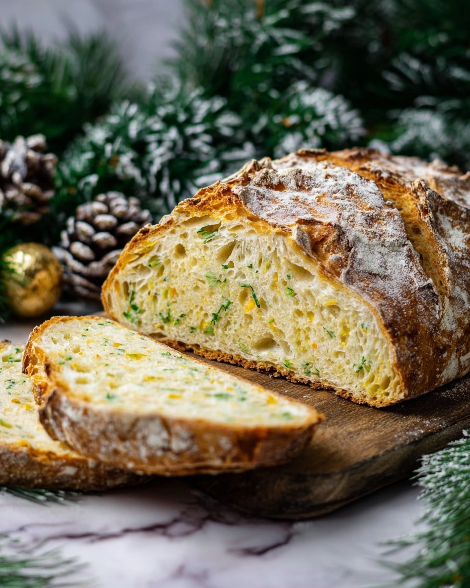 A loaf of bread is sliced to show its inside and placed on a wooden board. The bread has a rough, golden-brown crust with some white flour dust on top. Inside, the bread is light yellow with green herb pieces and small air pockets throughout, giving it a soft and fresh texture. The background is filled with green pine branches and frosted pinecones, creating a cozy, wintery feel. The whole setup rests on a white marbled surface. photo taken with an iphone --ar 4:5 --v 7