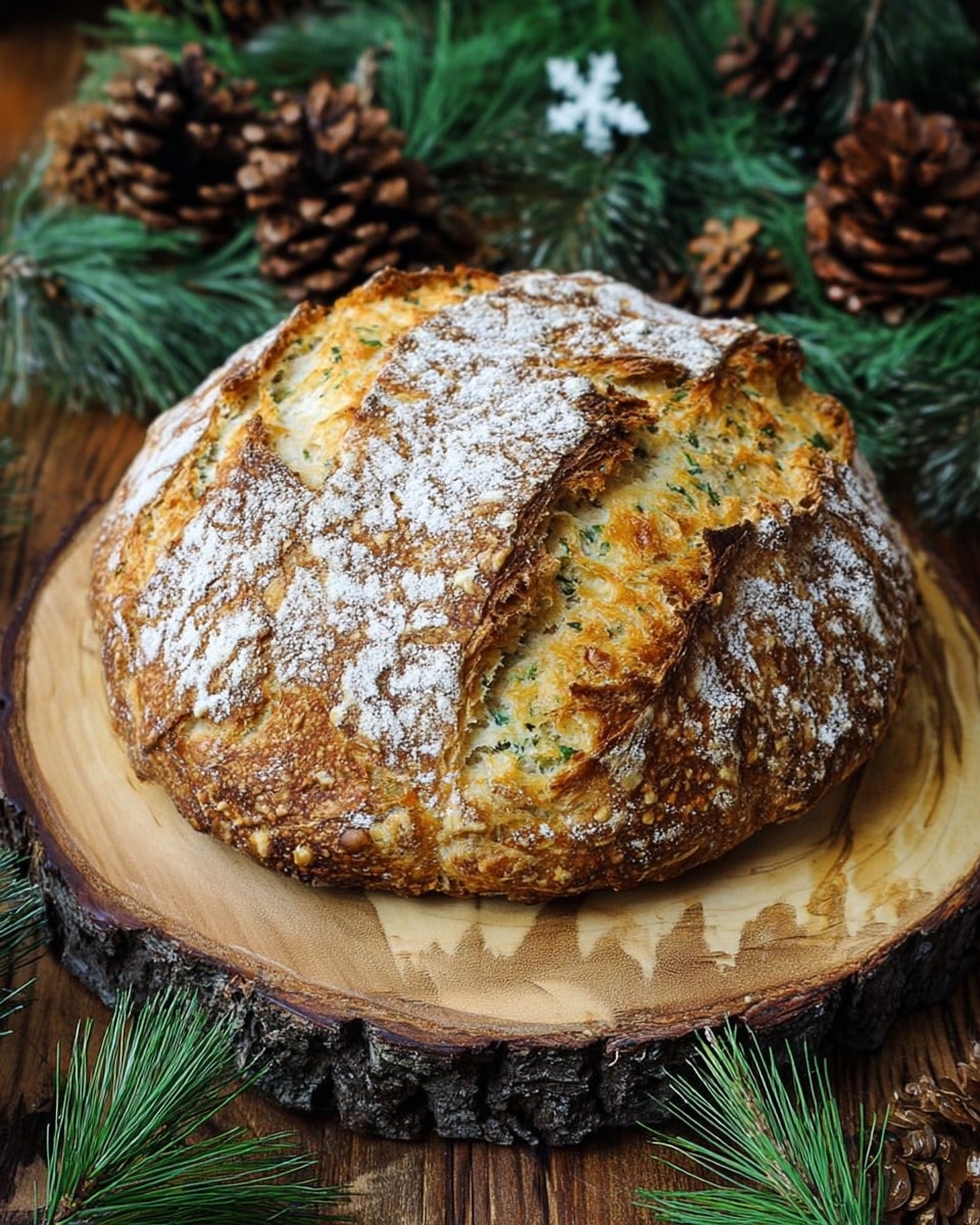 A round, rustic loaf of bread with a golden-brown crust dusted lightly with white flour, showing deep cuts that reveal a textured, slightly crumbly inner layer with hints of green herbs and melted cheese. The bread rests on a thick, round wooden board with natural bark edges, surrounded by green pine needles and brown pinecones on a wooden table. The overall setting gives a cozy, earthy feel. Photo taken with an iphone --ar 4:5 --v 7