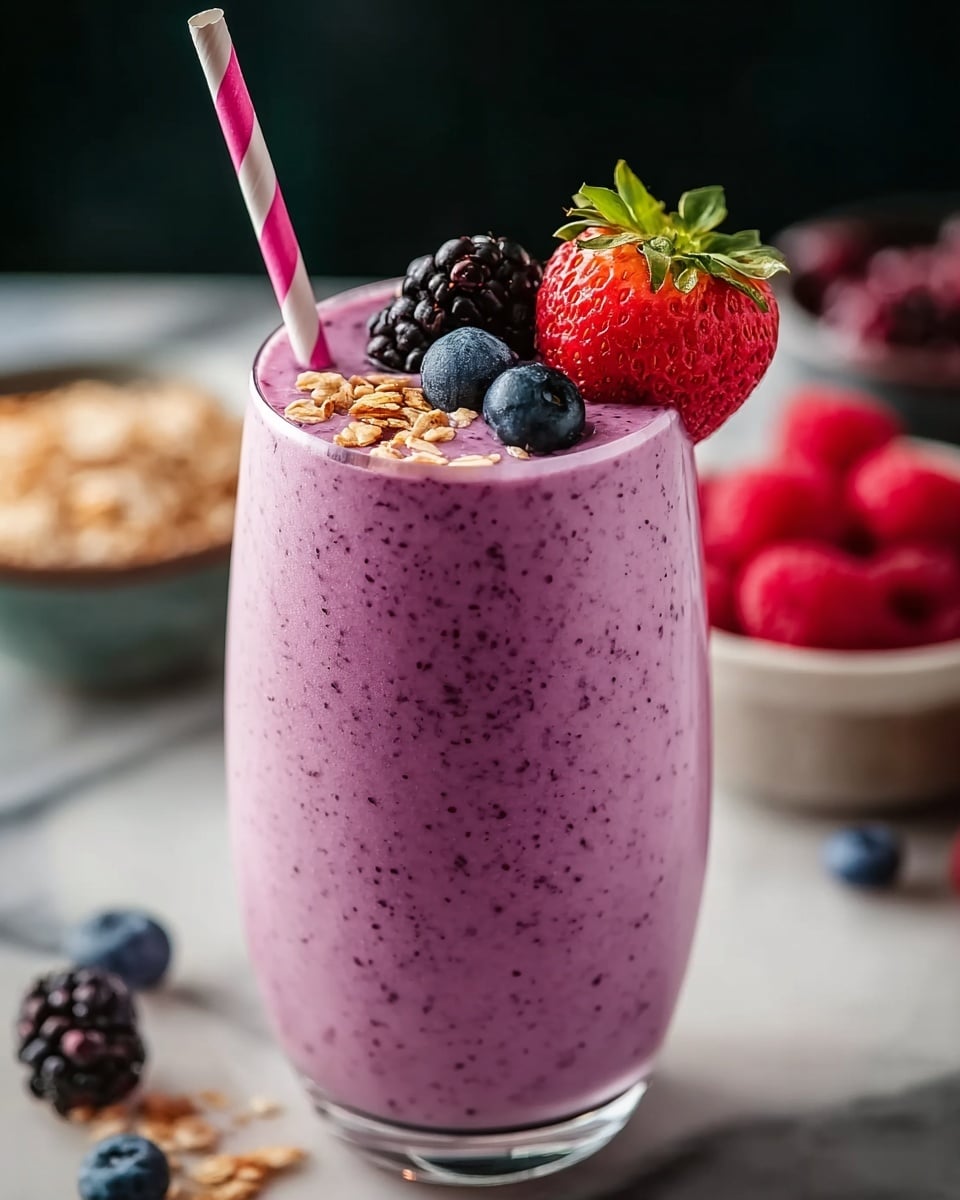 A tall clear glass filled to the top with a thick purple smoothie that has tiny dark specks inside. On the surface of the smoothie, there are three blackberries, one large bright red strawberry with green leaves, two small blueberries, and a few pieces of light brown granola sprinkled around. A pink and white striped straw sticks out from the glass on the left side. The glass sits on a white marbled surface with blurred bowls of granola and red raspberries in the background. Photo taken with an iphone --ar 4:5 --v 7